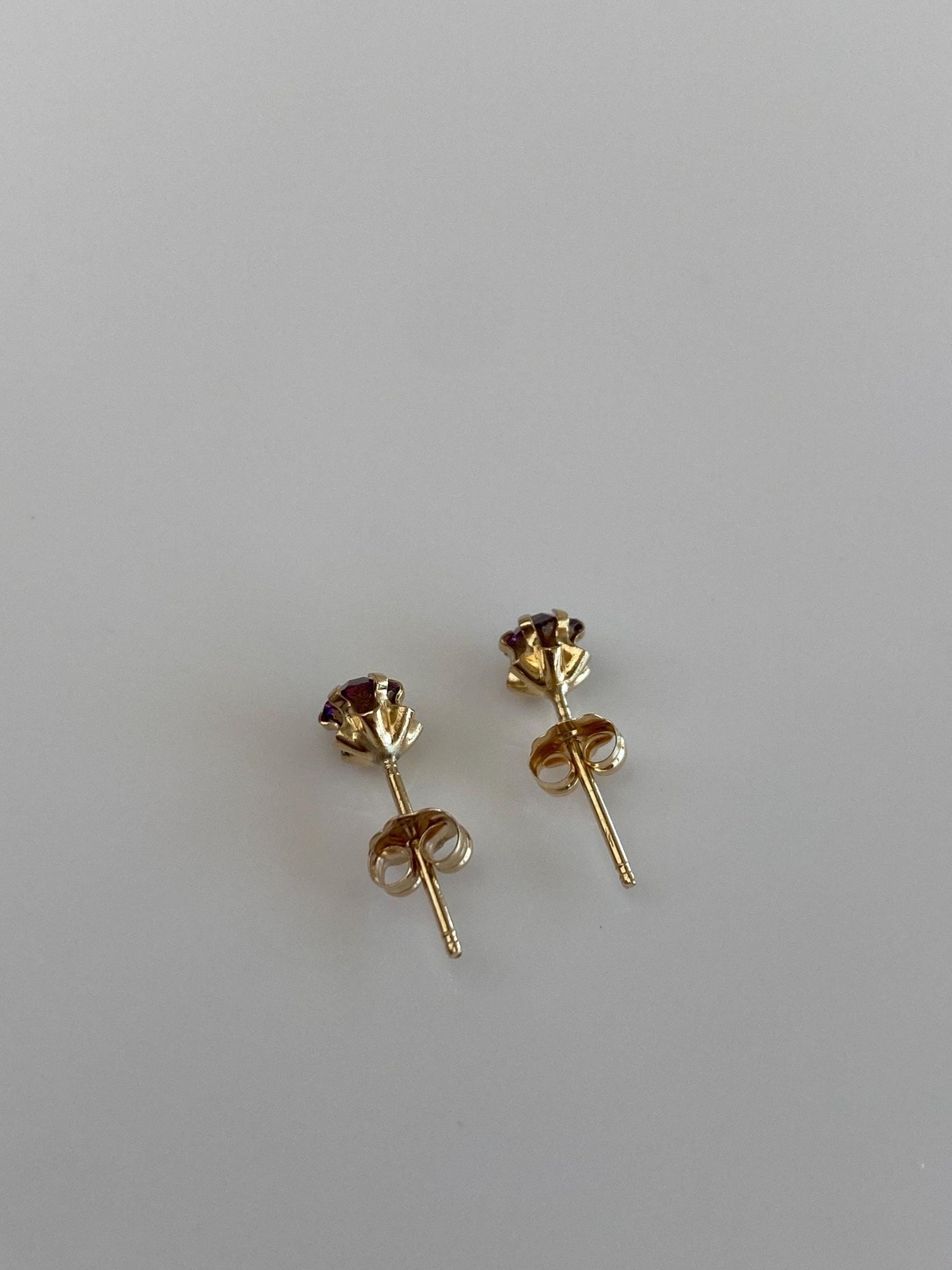 Vintage Solid 14k Yellow Gold Purple Cubic Zirconia Stud Earrings
