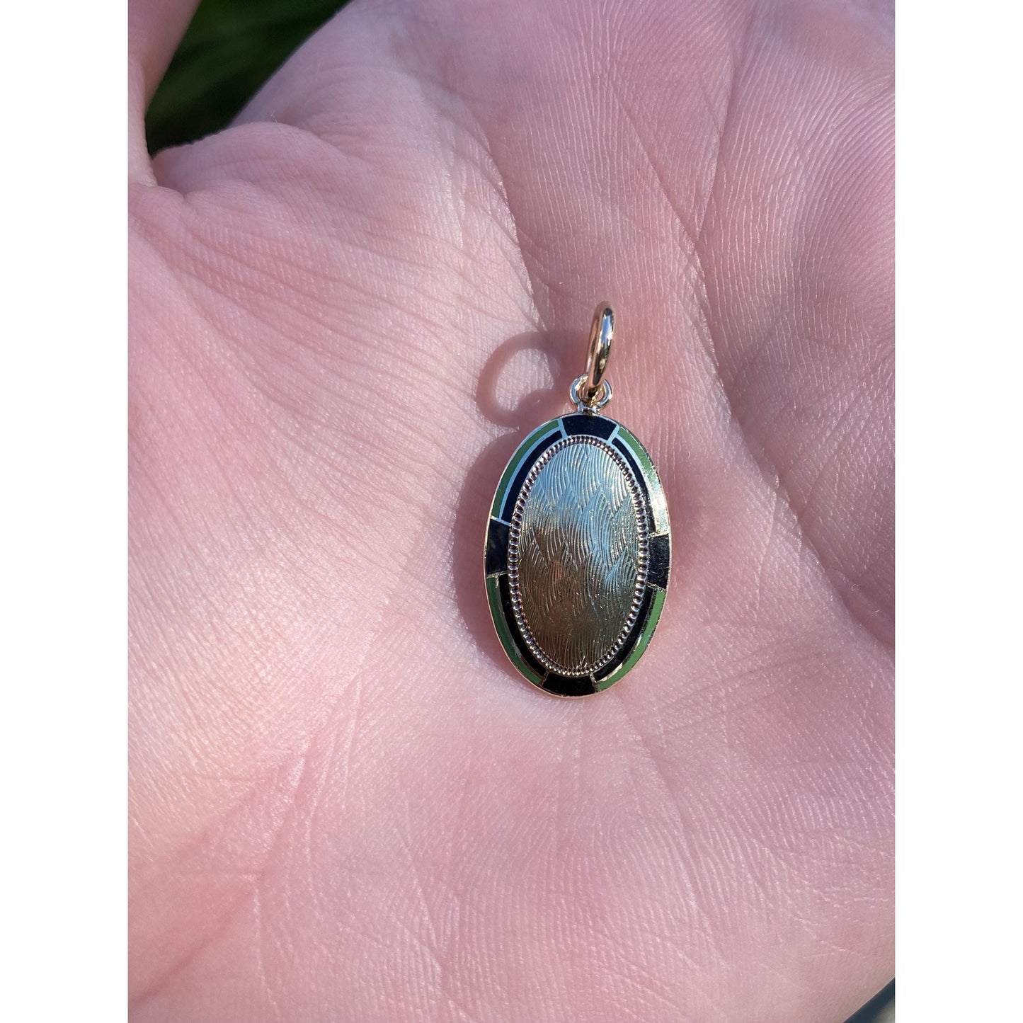 Vintage Solid 14k Yellow Gold Black Green Enamel Border Cufflink Conversion Charm