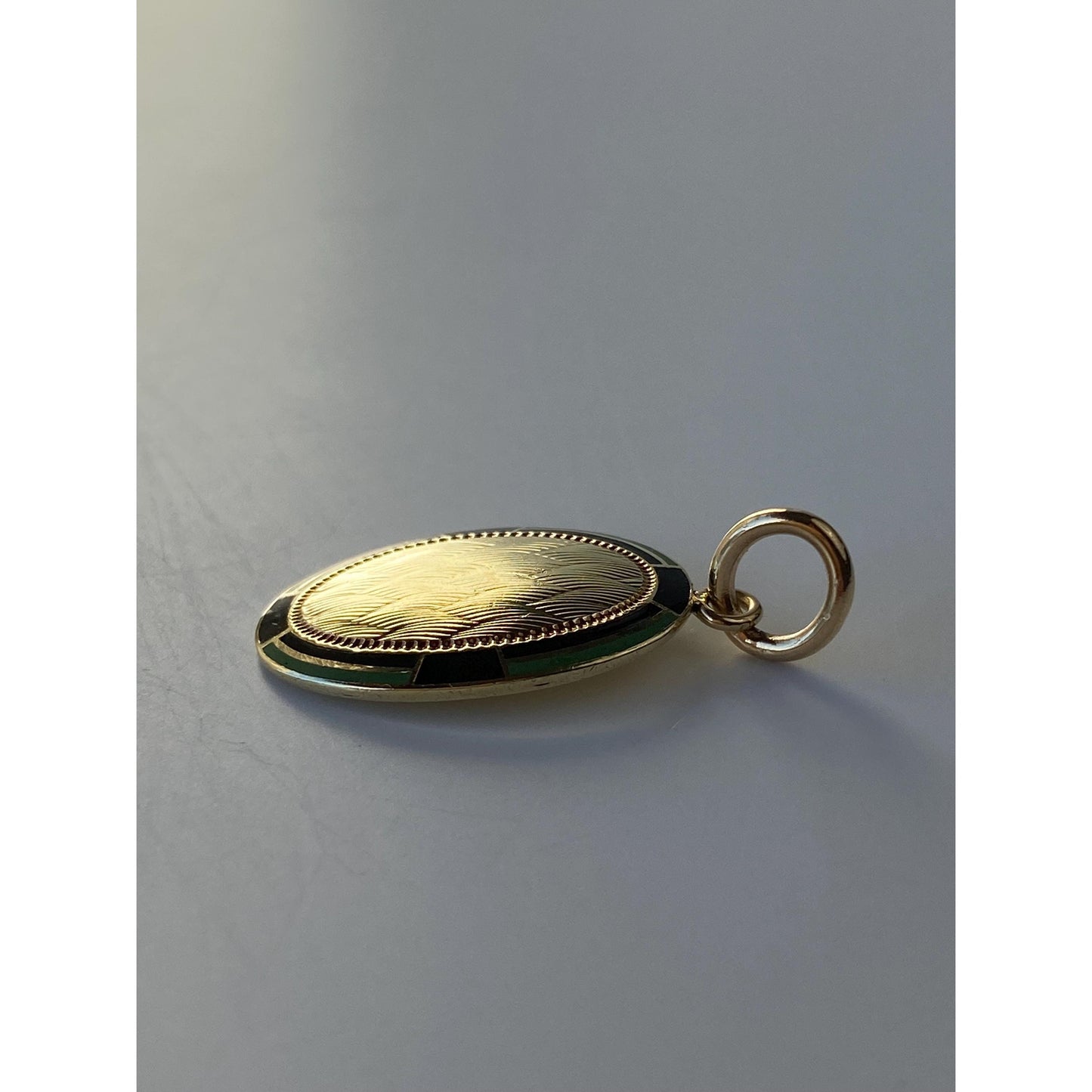 Vintage Solid 14k Yellow Gold Black Green Enamel Border Cufflink Conversion Charm