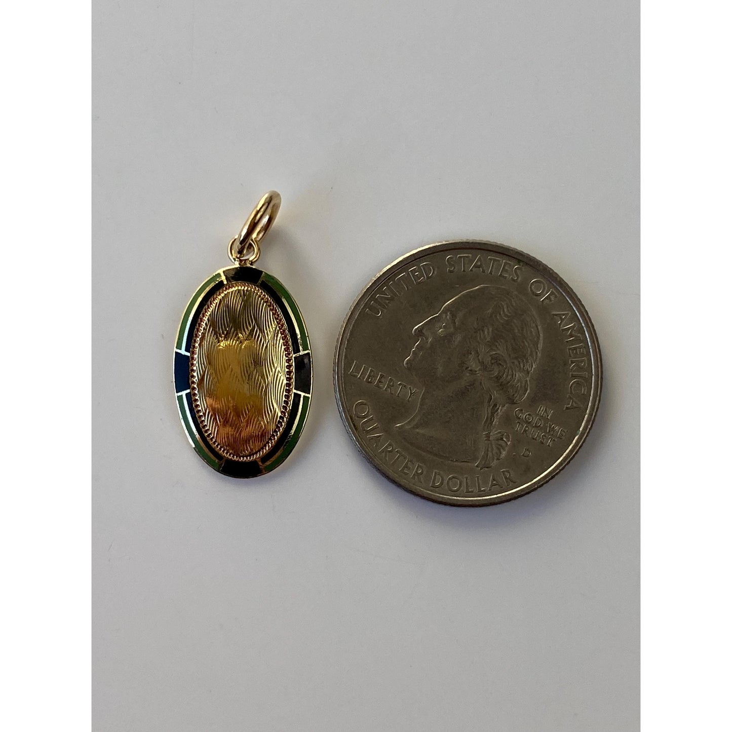 Vintage Solid 14k Yellow Gold Black Green Enamel Border Cufflink Conversion Charm