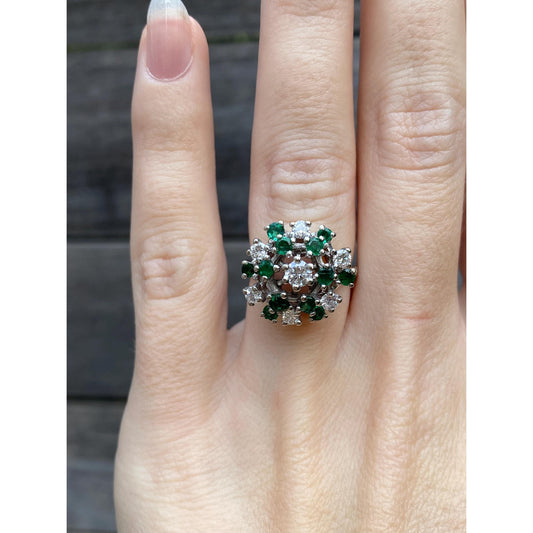 Vintage Solid 14k White Gold Diamond Emerald Cluster Cocktail Ring - Size 4
