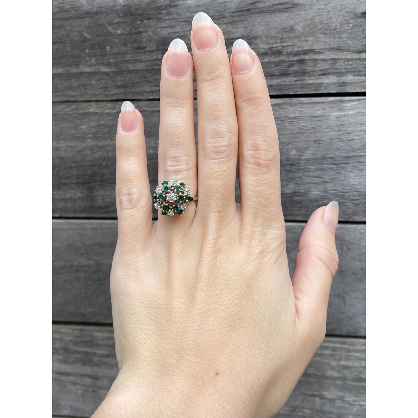 Vintage Solid 14k White Gold Diamond Emerald Cluster Cocktail Ring - Size 4