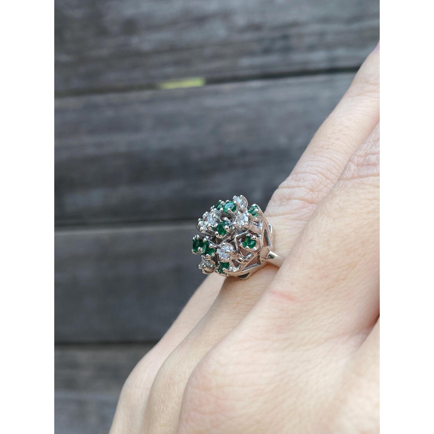 Vintage Solid 14k White Gold Diamond Emerald Cluster Cocktail Ring - Size 4