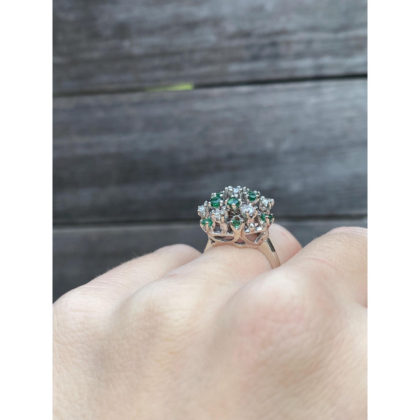 Vintage Solid 14k White Gold Diamond Emerald Cluster Cocktail Ring - Size 4