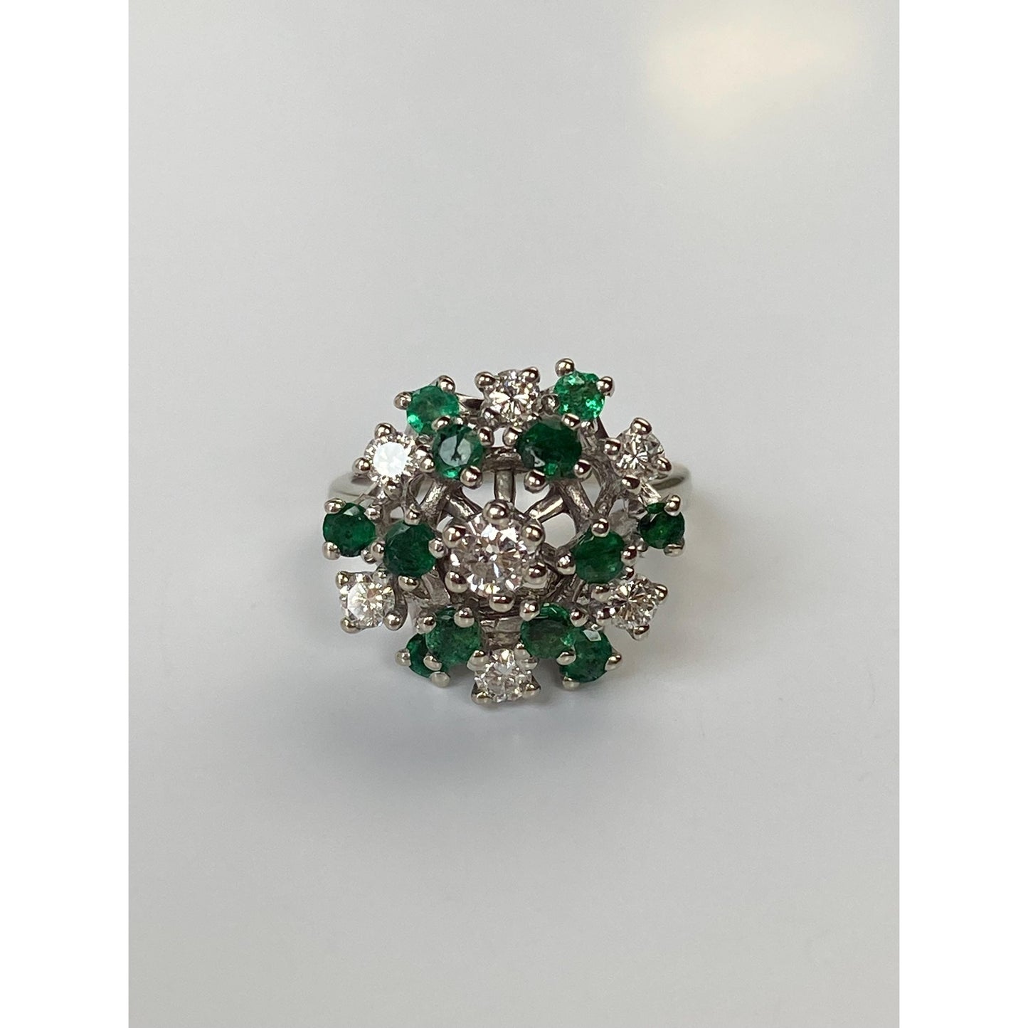 Vintage Solid 14k White Gold Diamond Emerald Cluster Cocktail Ring - Size 4
