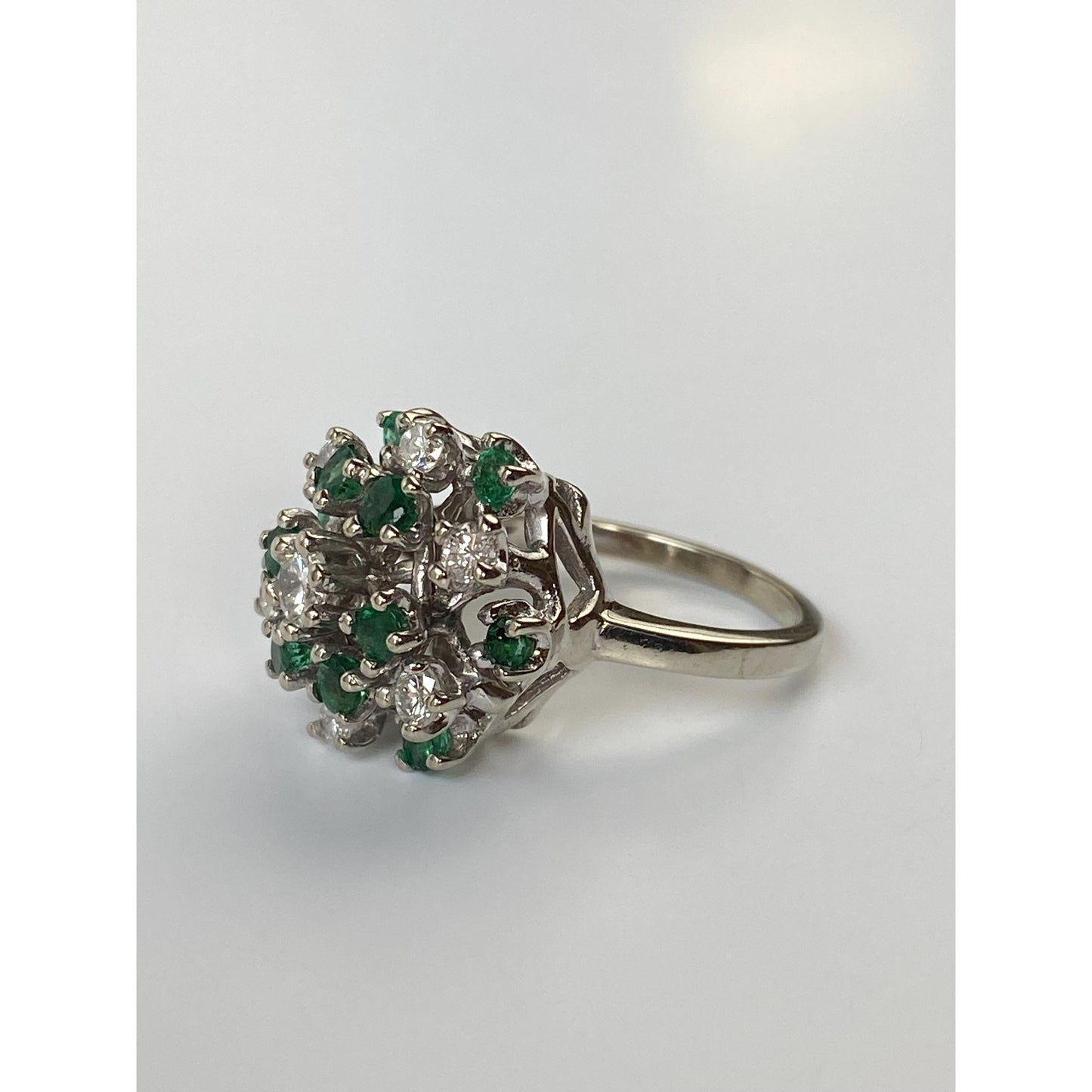 Vintage Solid 14k White Gold Diamond Emerald Cluster Cocktail Ring - Size 4