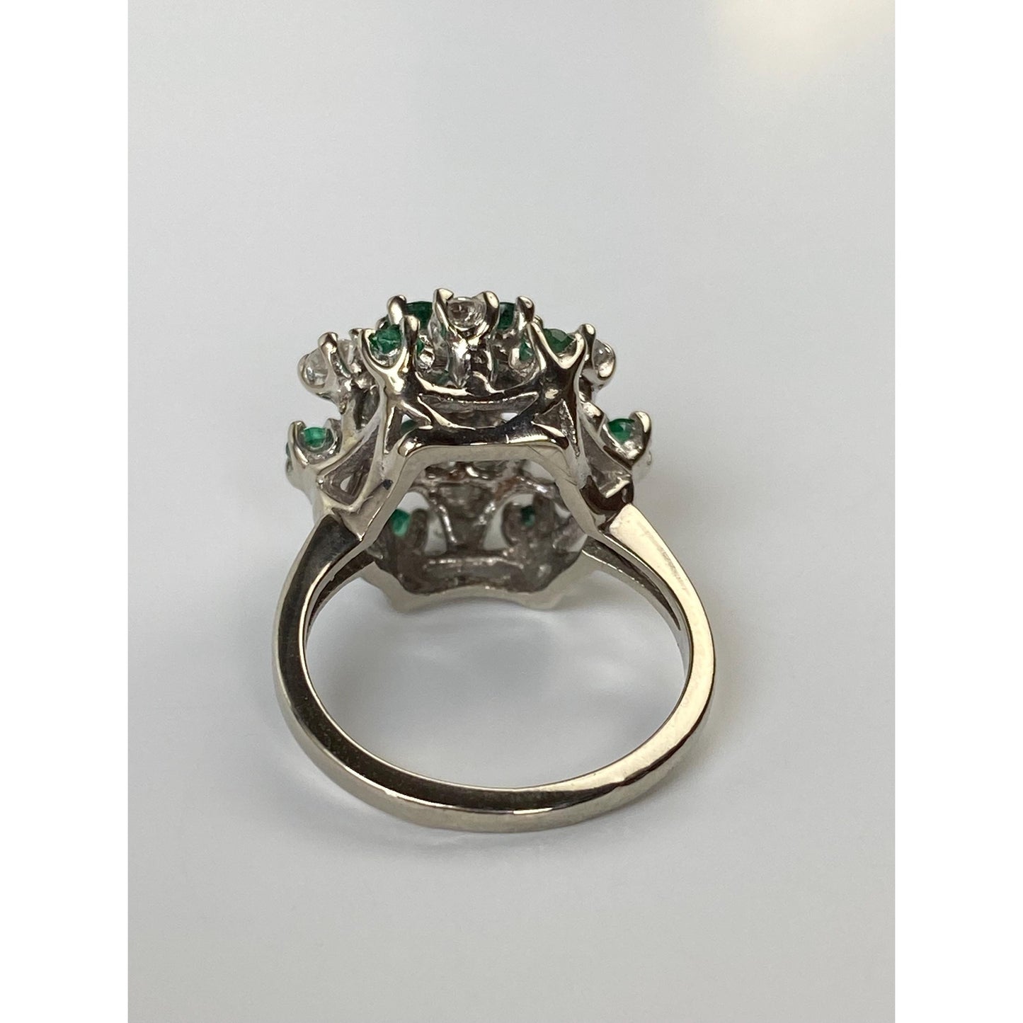 Vintage Solid 14k White Gold Diamond Emerald Cluster Cocktail Ring - Size 4