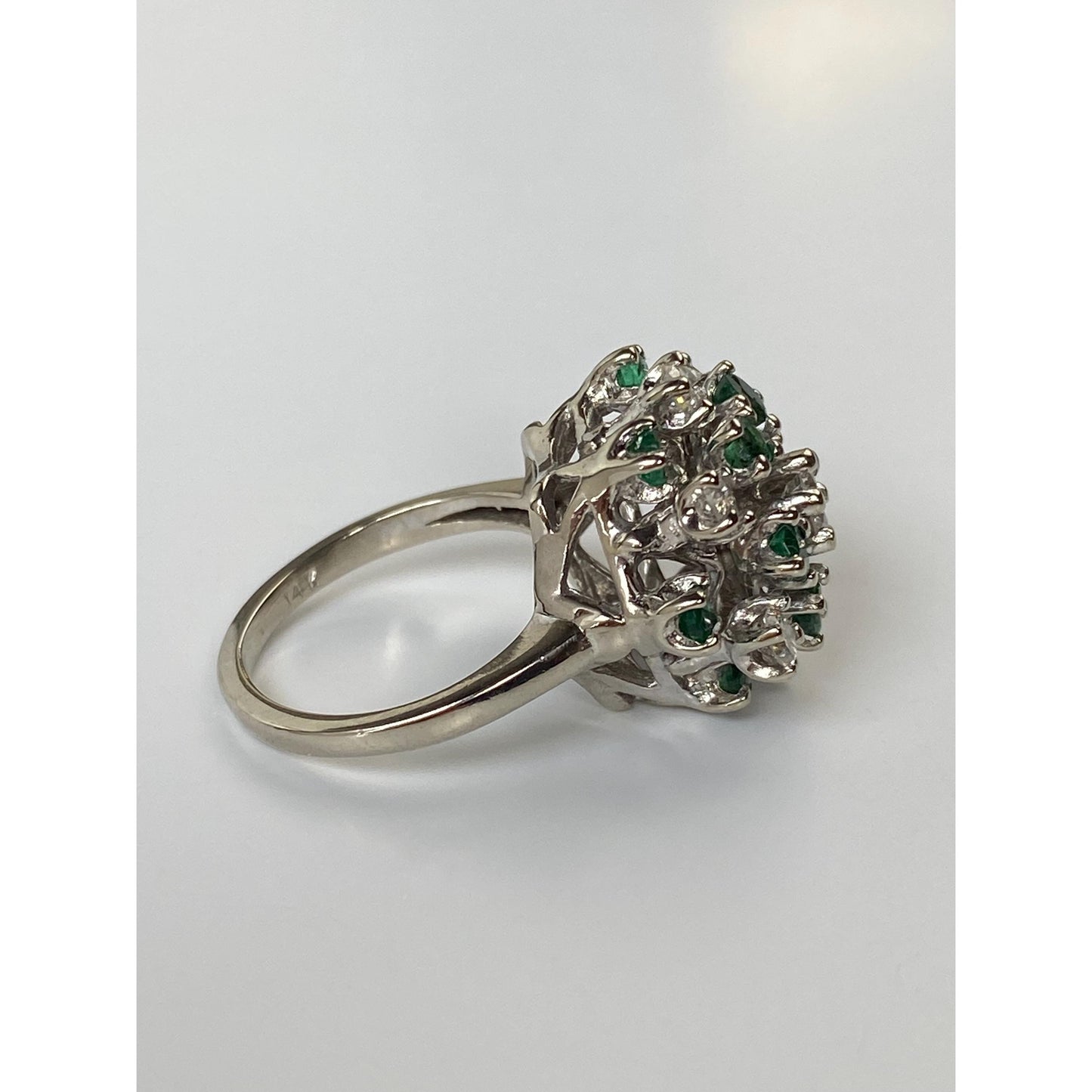 Vintage Solid 14k White Gold Diamond Emerald Cluster Cocktail Ring - Size 4