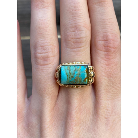 Vintage Solid 14k Yellow Gold Turquoise Signet Ring - Size 6.25