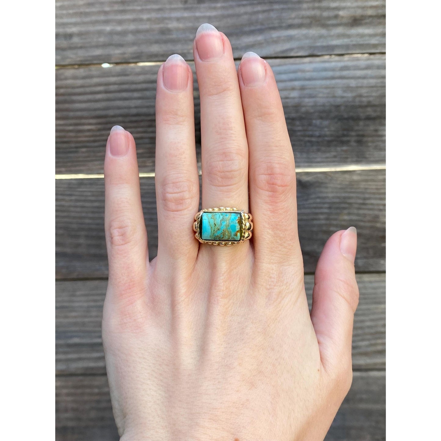 Vintage Solid 14k Yellow Gold Turquoise Signet Ring - Size 6.25