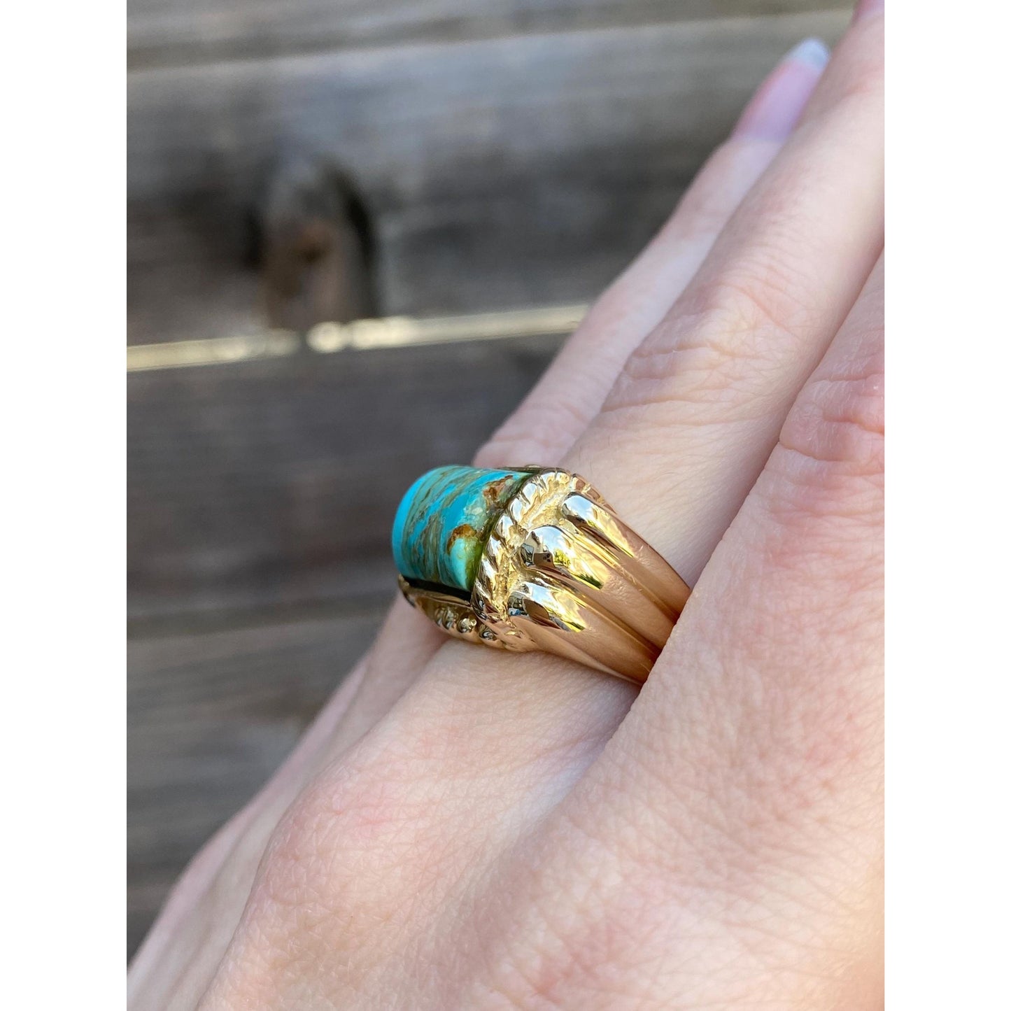 Vintage Solid 14k Yellow Gold Turquoise Signet Ring - Size 6.25
