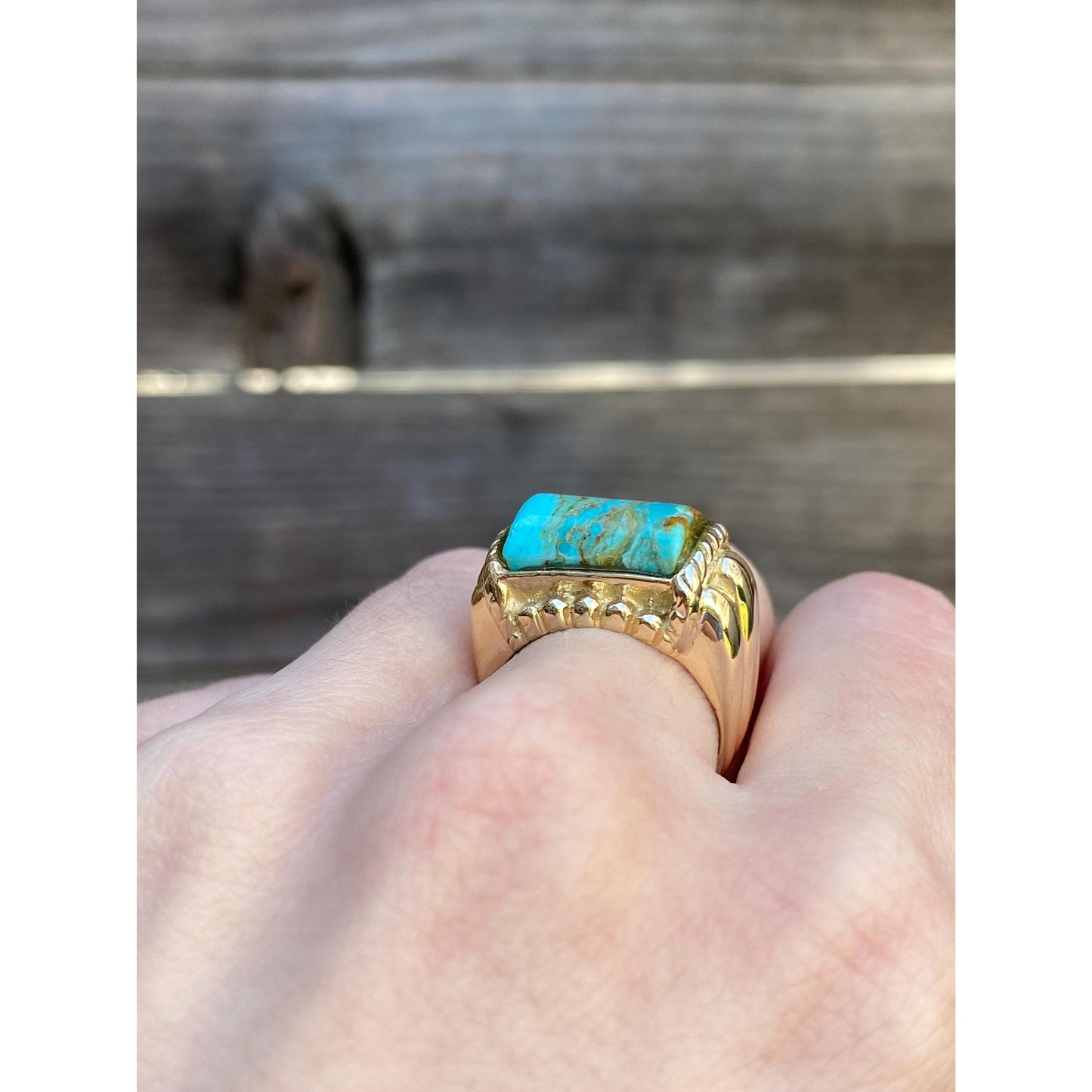 Vintage Solid 14k Yellow Gold Turquoise Signet Ring - Size 6.25
