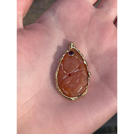 Vintage Solid 14k Yellow Gold Carved Coral Ruby Charm