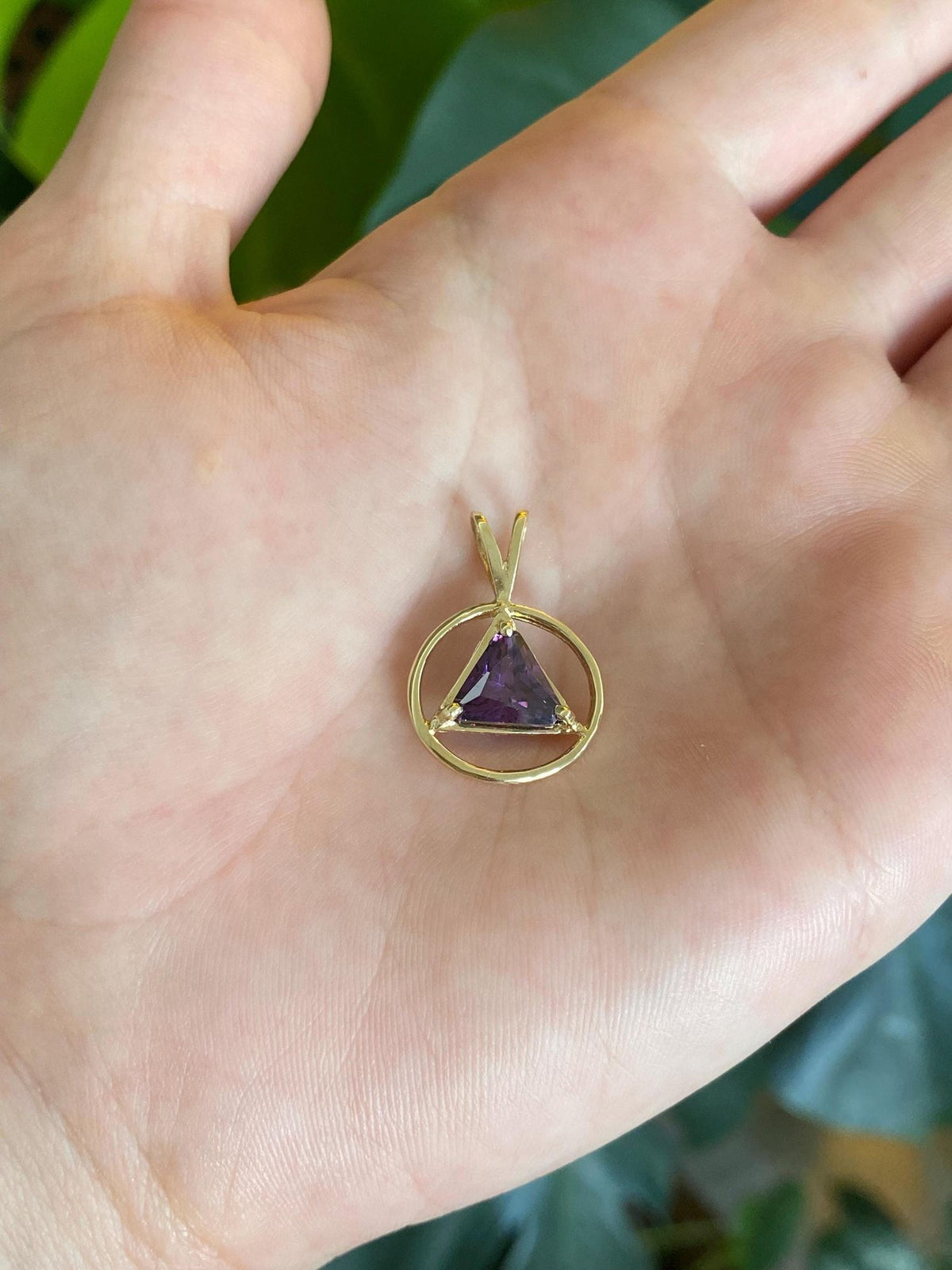 Vintage Solid 14k Yellow Gold Amethyst Triangle Charm