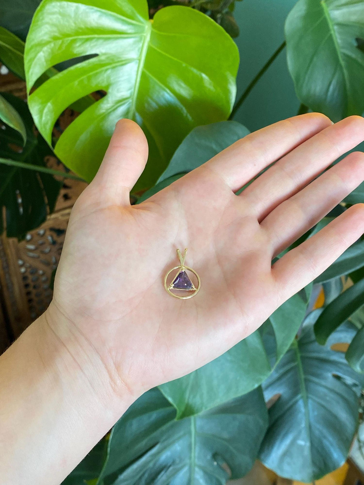 Vintage Solid 14k Yellow Gold Amethyst Triangle Charm