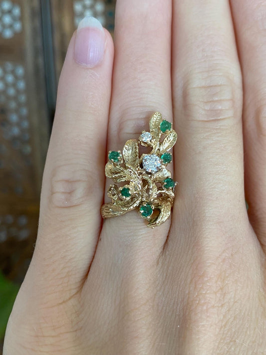 Vintage Solid 14k Yellow Gold Diamond Emerald Leaves Ring - Size 4.5