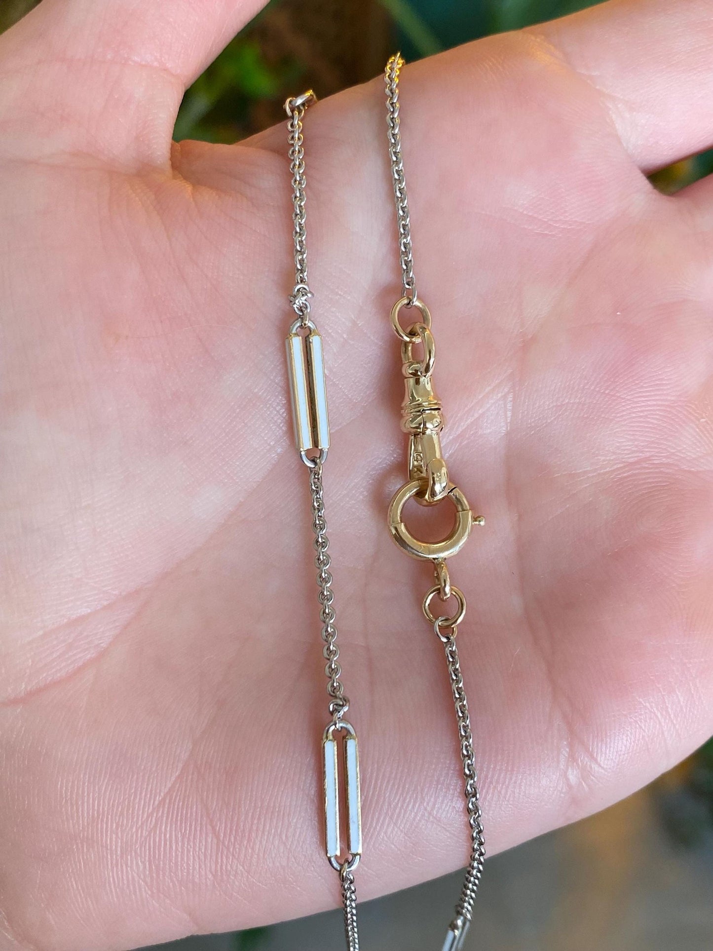 Vintage Solid 14k Yellow Gold (clasps) & Platinum White Enamel Watch Chain - 13 inches
