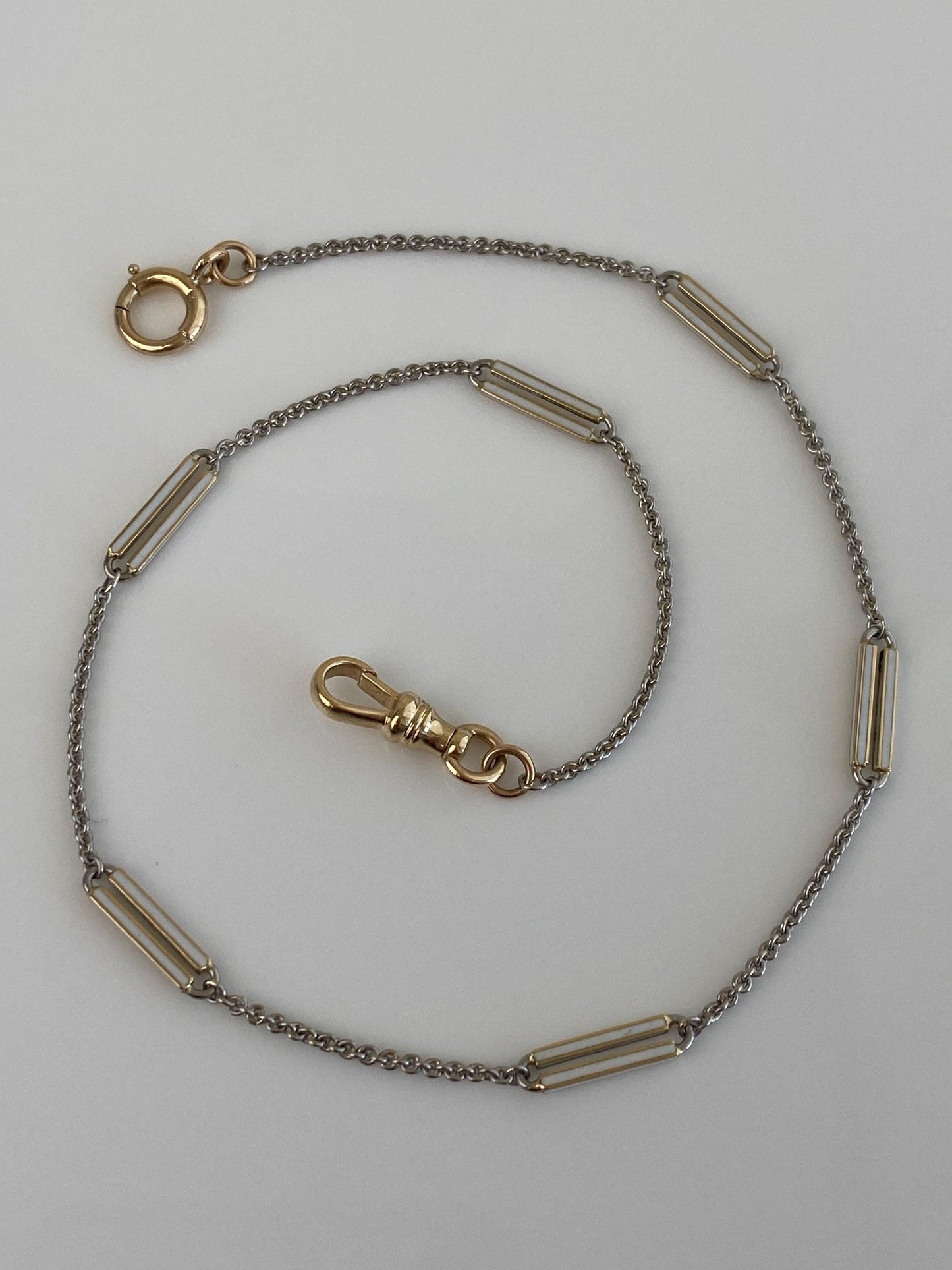 Vintage Solid 14k Yellow Gold (clasps) & Platinum White Enamel Watch Chain - 13 inches