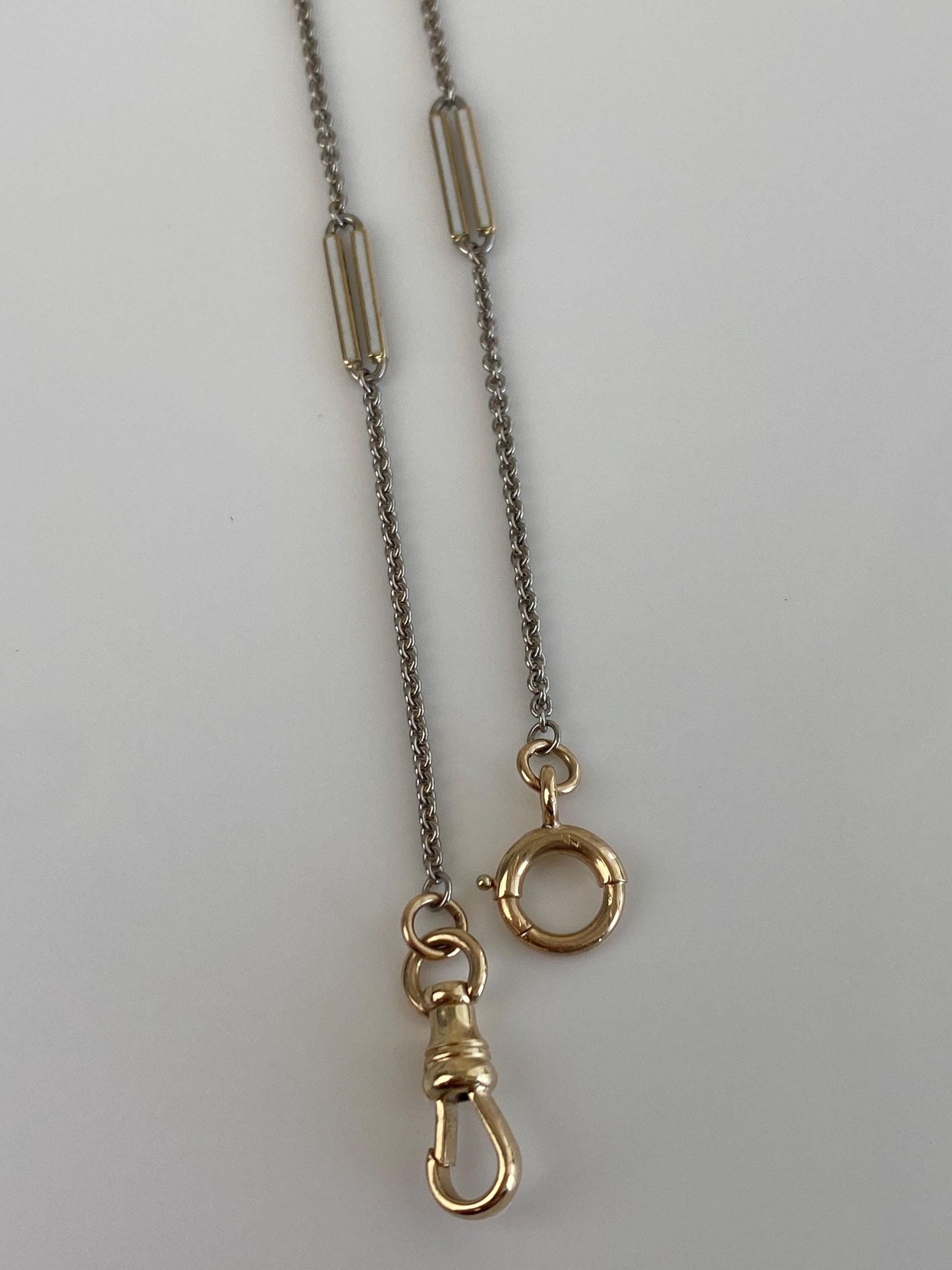 Vintage Solid 14k Yellow Gold (clasps) & Platinum White Enamel Watch Chain - 13 inches