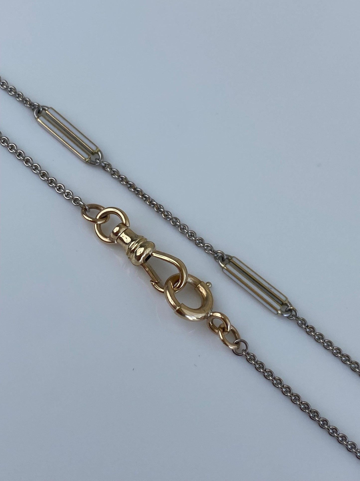 Vintage Solid 14k Yellow Gold (clasps) & Platinum White Enamel Watch Chain - 13 inches