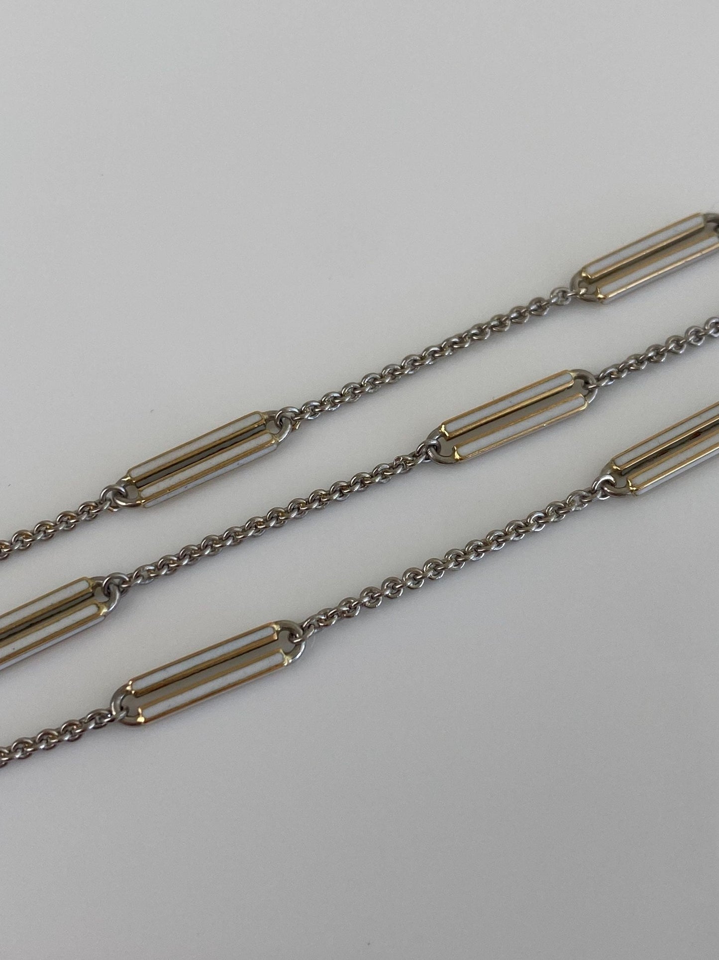 Vintage Solid 14k Yellow Gold (clasps) & Platinum White Enamel Watch Chain - 13 inches