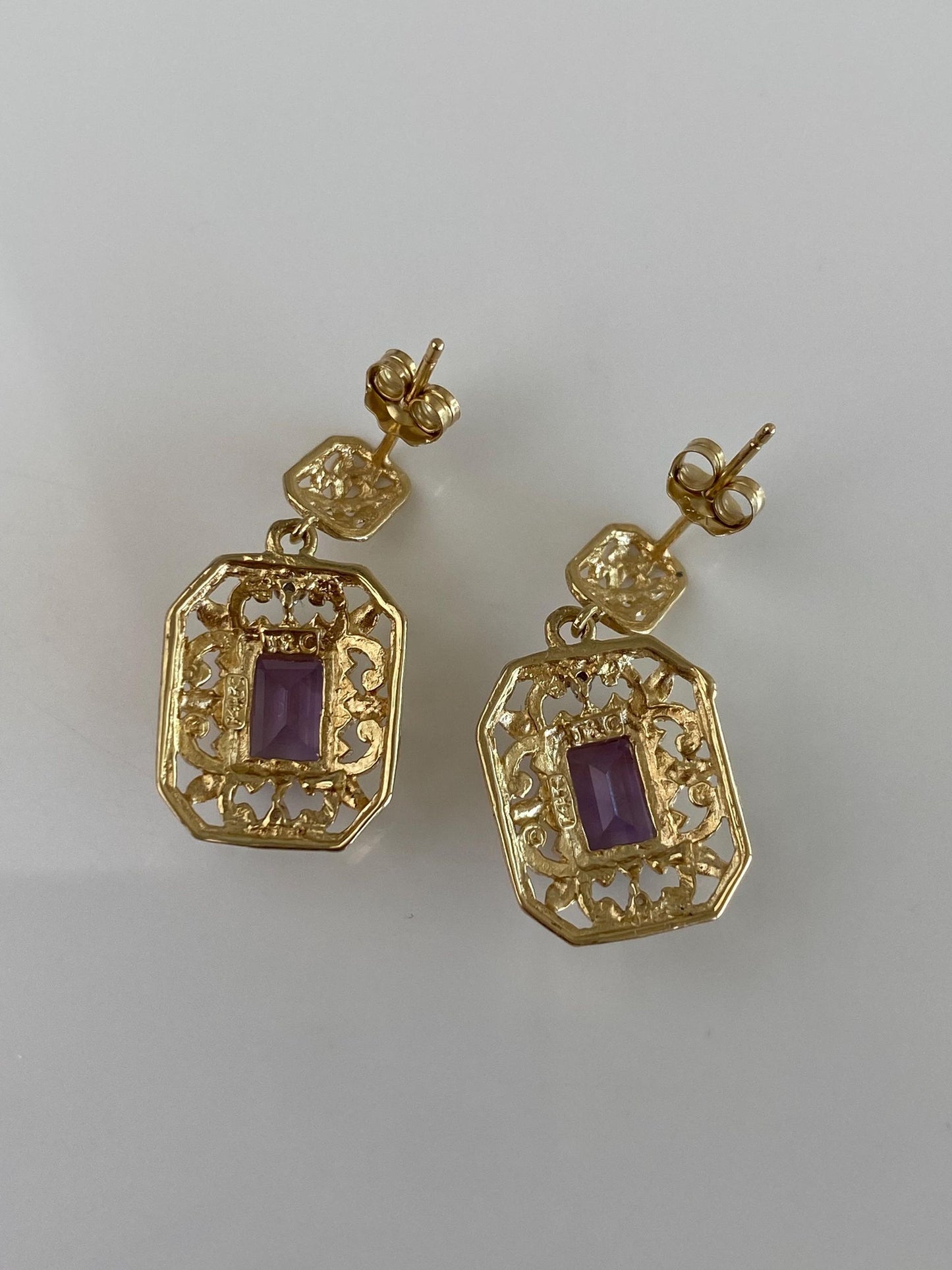 Vintage Solid 14k Yellow Gold Amethyst Open Work Dangle Stud Earrings