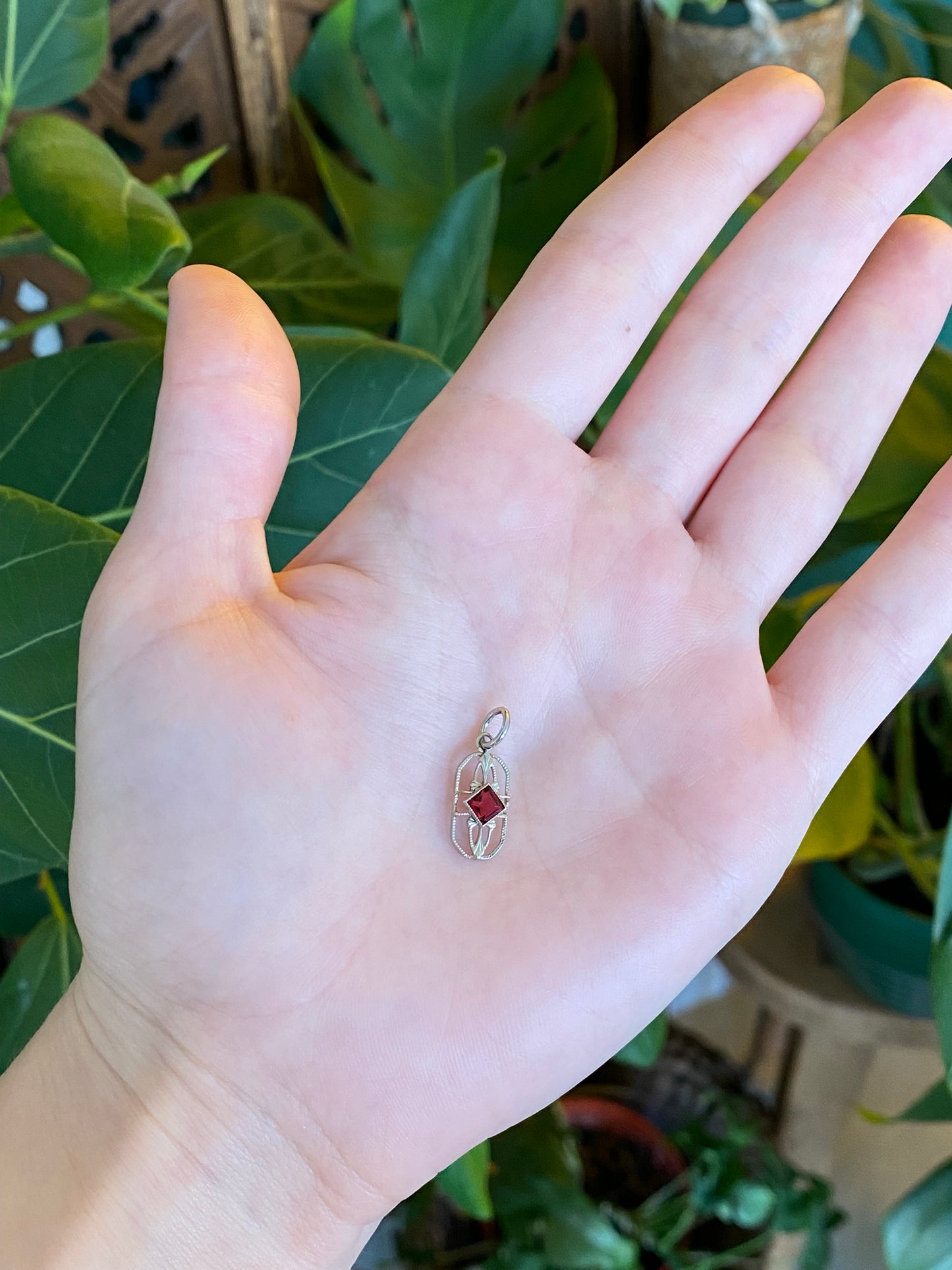 Vintage Solid 10k White Gold Red Cubic Zirconia Stick Pin Charm