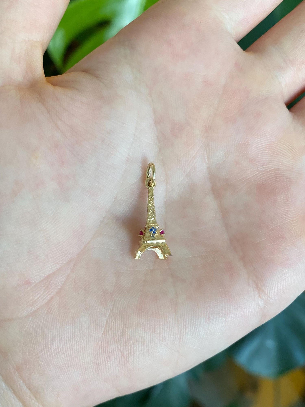 Vintage Solid 14k Yellow Gold Pink Sapphire Blue Spinel Eiffel Tower Charm