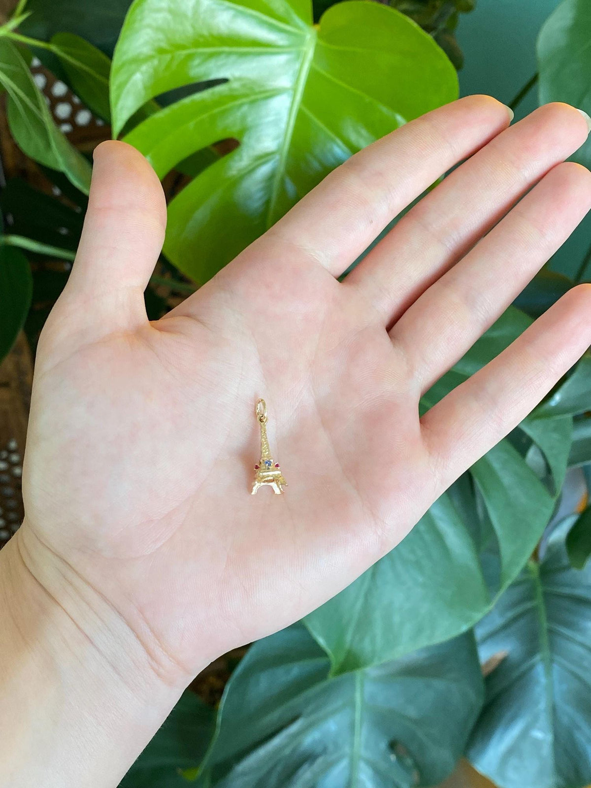Vintage Solid 14k Yellow Gold Pink Sapphire Blue Spinel Eiffel Tower Charm