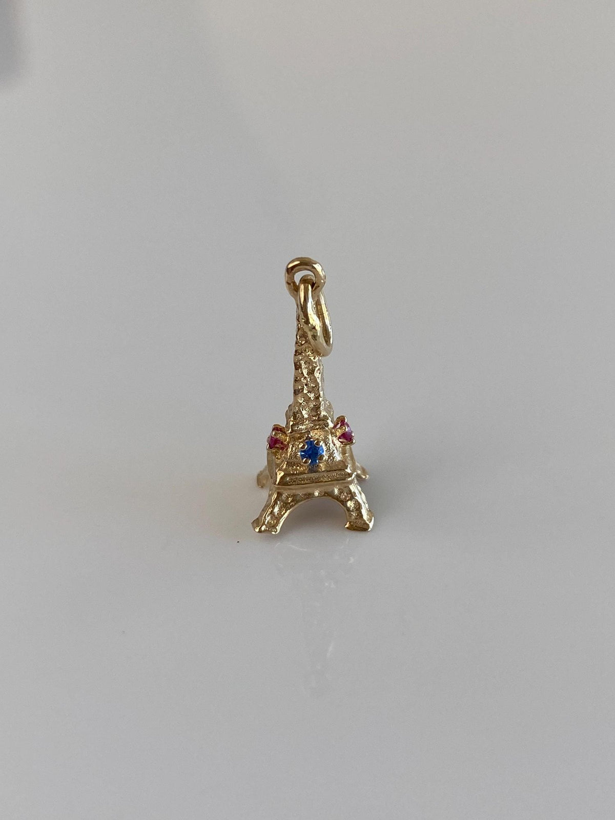 Vintage Solid 14k Yellow Gold Pink Sapphire Blue Spinel Eiffel Tower Charm