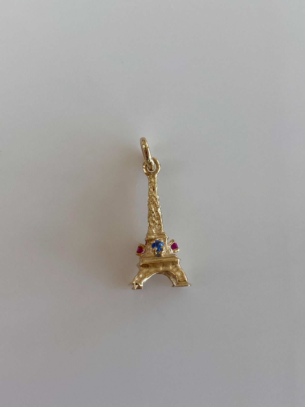 Vintage Solid 14k Yellow Gold Pink Sapphire Blue Spinel Eiffel Tower Charm
