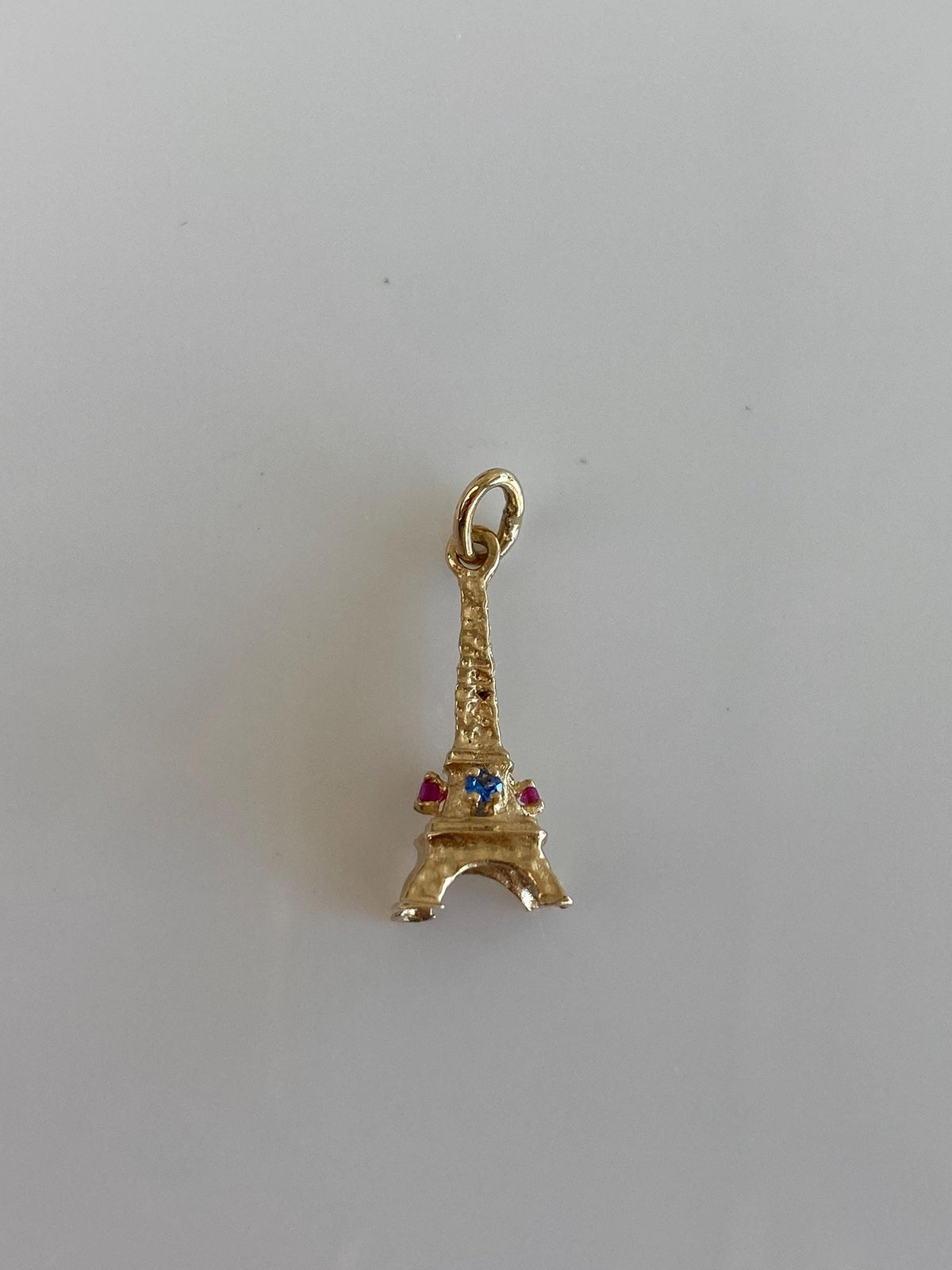 Vintage Solid 14k Yellow Gold Pink Sapphire Blue Spinel Eiffel Tower Charm
