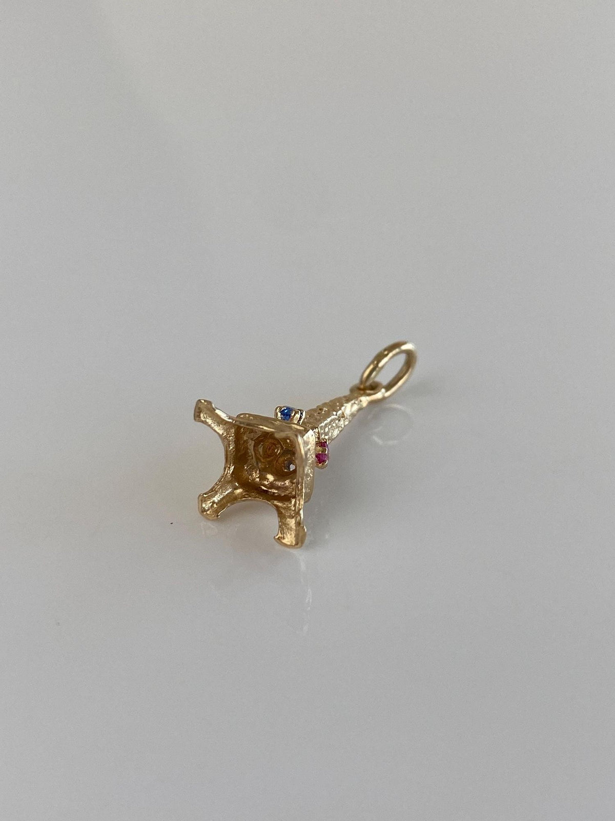 Vintage Solid 14k Yellow Gold Pink Sapphire Blue Spinel Eiffel Tower Charm