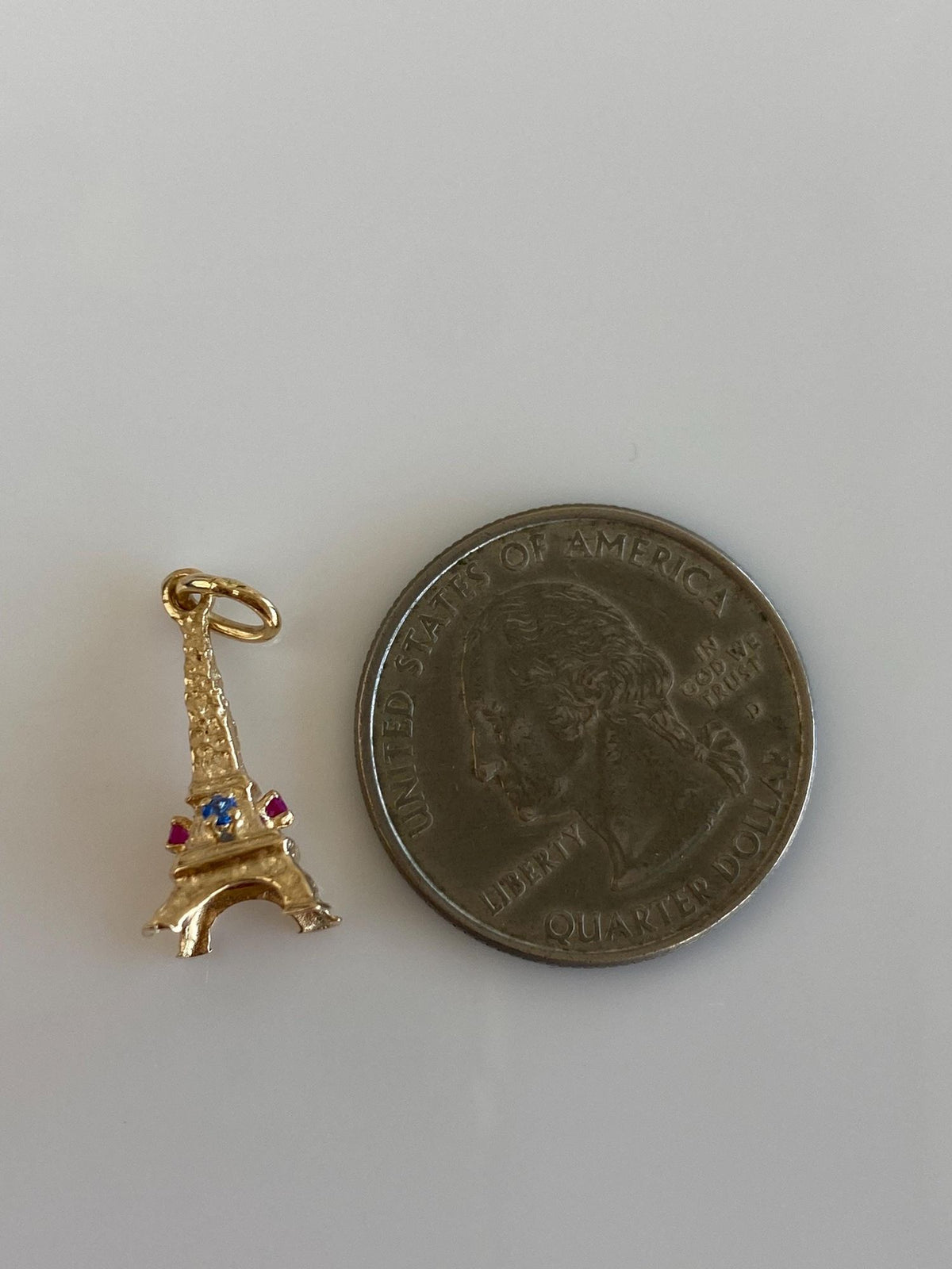Vintage Solid 14k Yellow Gold Pink Sapphire Blue Spinel Eiffel Tower Charm