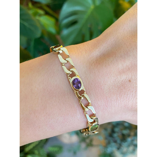 Solid 14k Yellow Gold Citrine Amethyst Peridot Flat Curb Chain Bracelet - 7 Inches