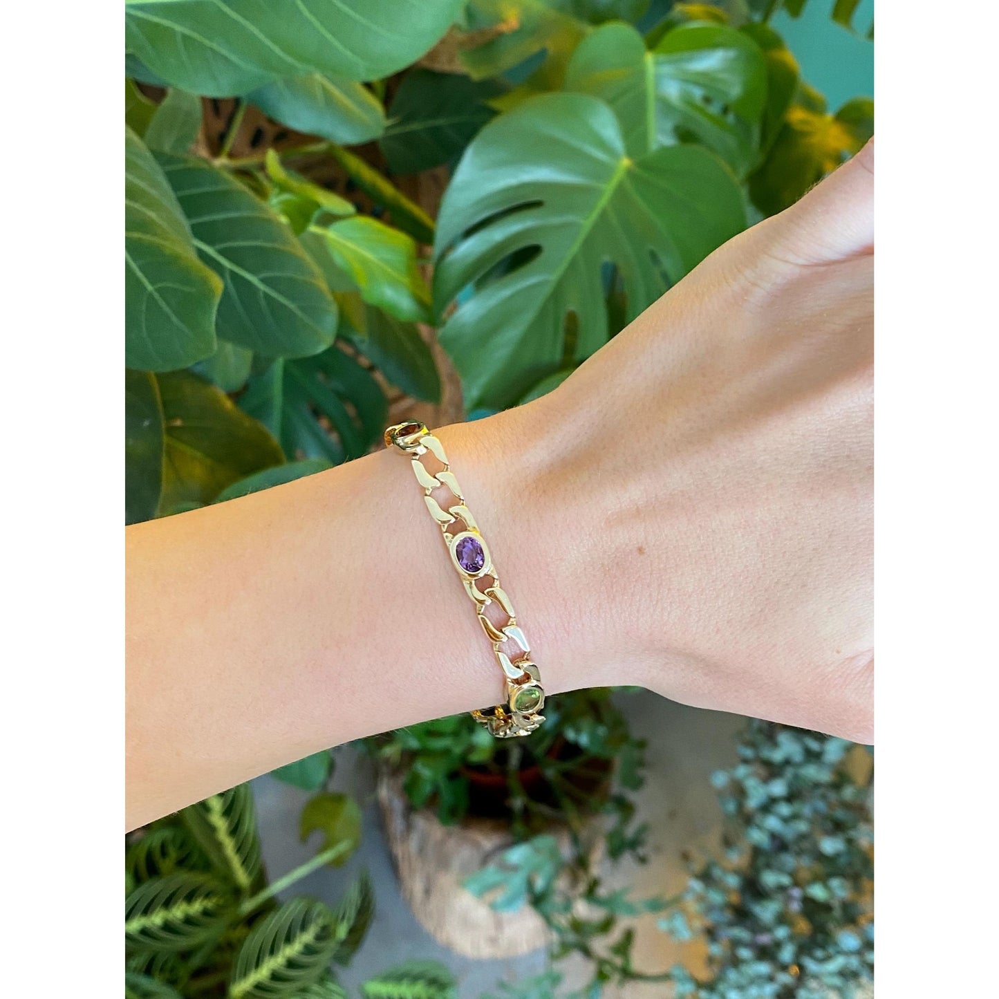 Solid 14k Yellow Gold Citrine Amethyst Peridot Flat Curb Chain Bracelet - 7 Inches