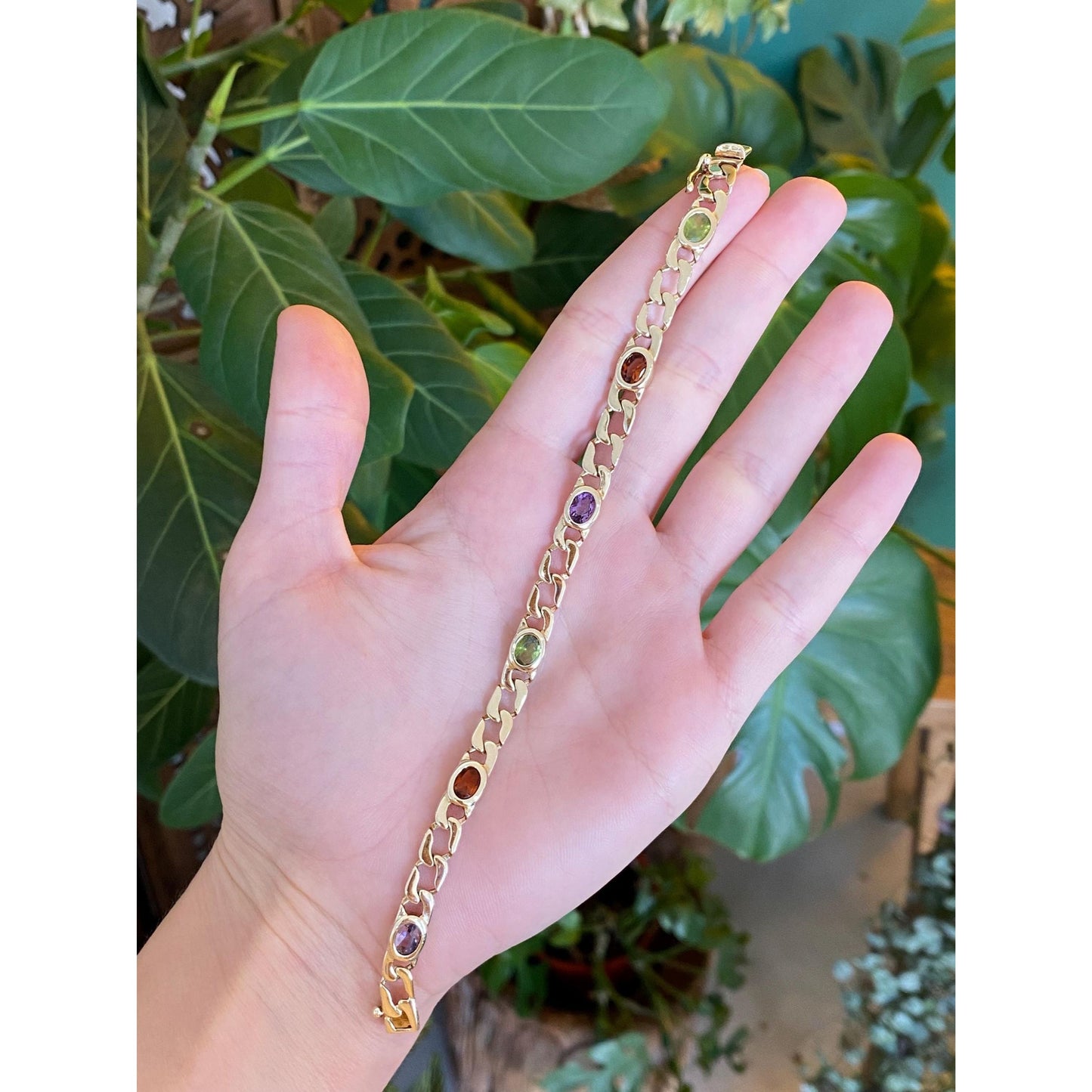 Solid 14k Yellow Gold Citrine Amethyst Peridot Flat Curb Chain Bracelet - 7 Inches