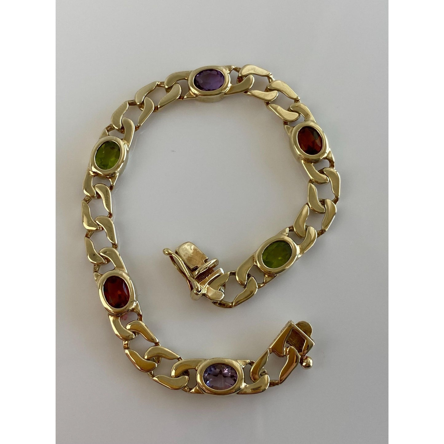 Solid 14k Yellow Gold Citrine Amethyst Peridot Flat Curb Chain Bracelet - 7 Inches