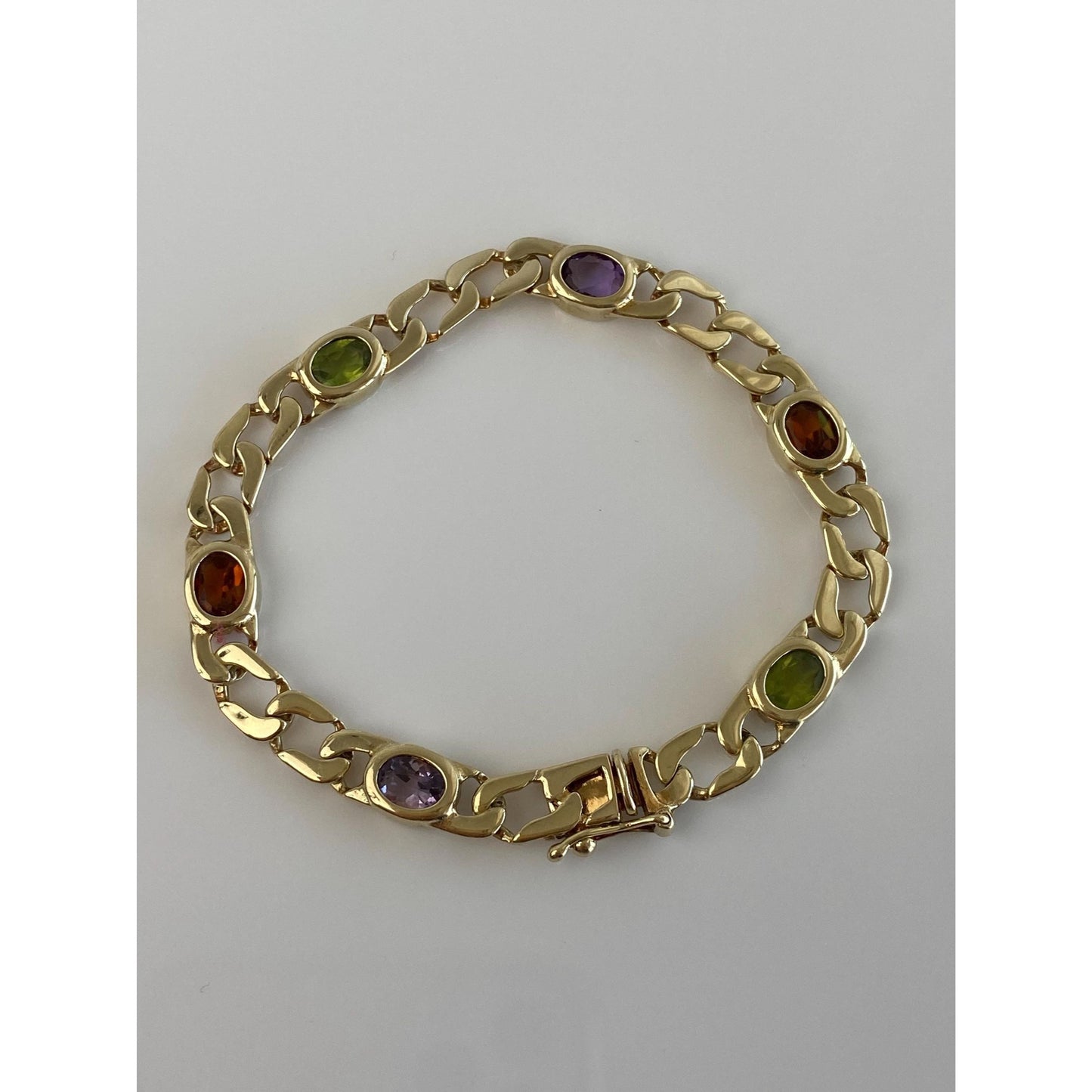 Solid 14k Yellow Gold Citrine Amethyst Peridot Flat Curb Chain Bracelet - 7 Inches