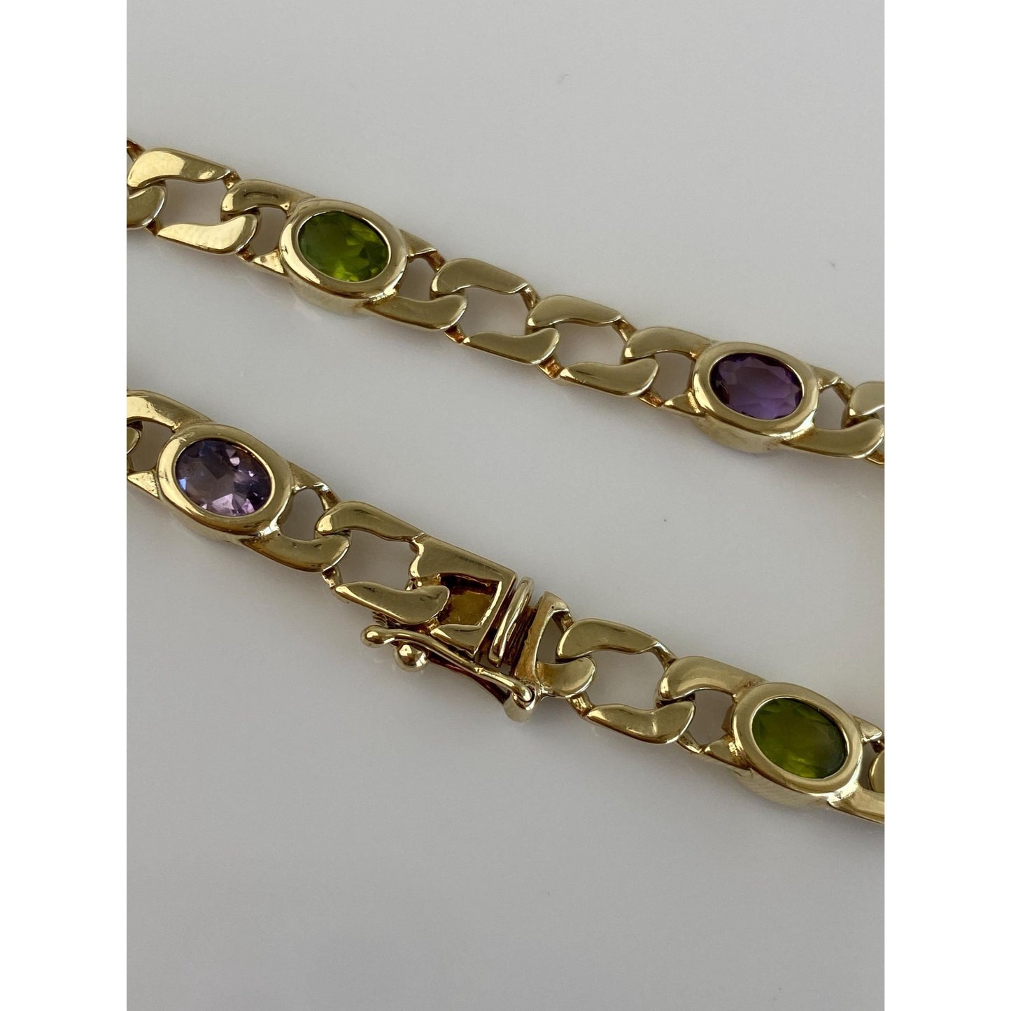 Solid 14k Yellow Gold Citrine Amethyst Peridot Flat Curb Chain Bracelet - 7 Inches
