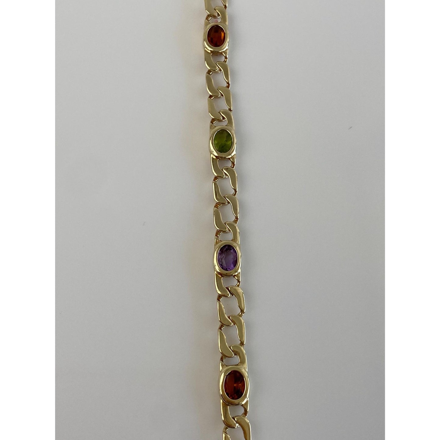 Solid 14k Yellow Gold Citrine Amethyst Peridot Flat Curb Chain Bracelet - 7 Inches