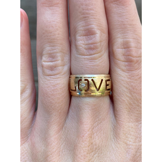 Vintage Solid 14k Yellow Gold Diamond Satin 'Love' Ring Band - Size 6.25