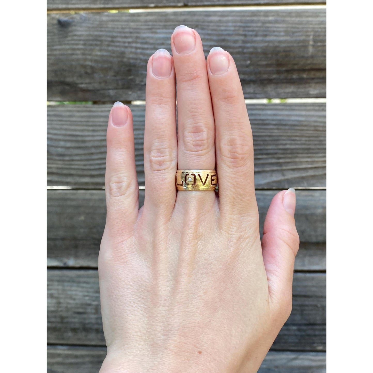 Vintage Solid 14k Yellow Gold Diamond Satin 'Love' Ring Band - Size 6.25