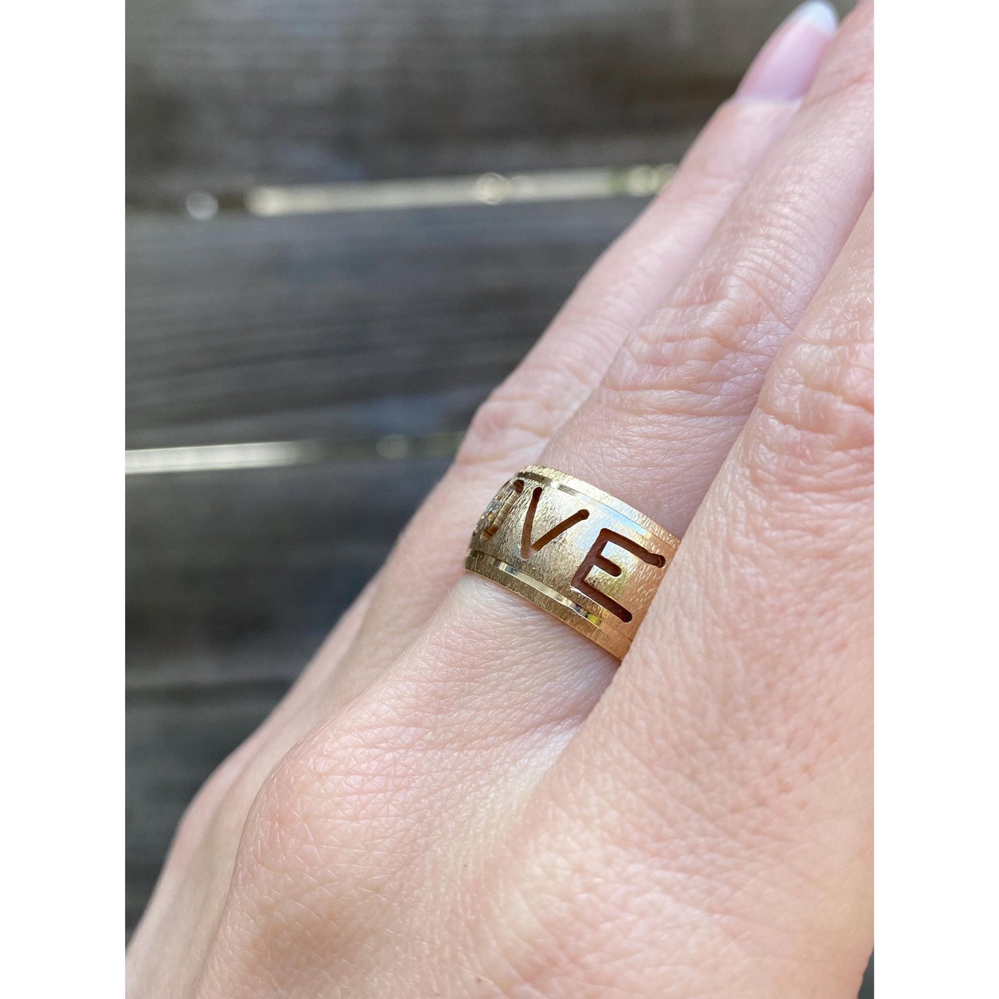 Vintage Solid 14k Yellow Gold Diamond Satin 'Love' Ring Band - Size 6.25