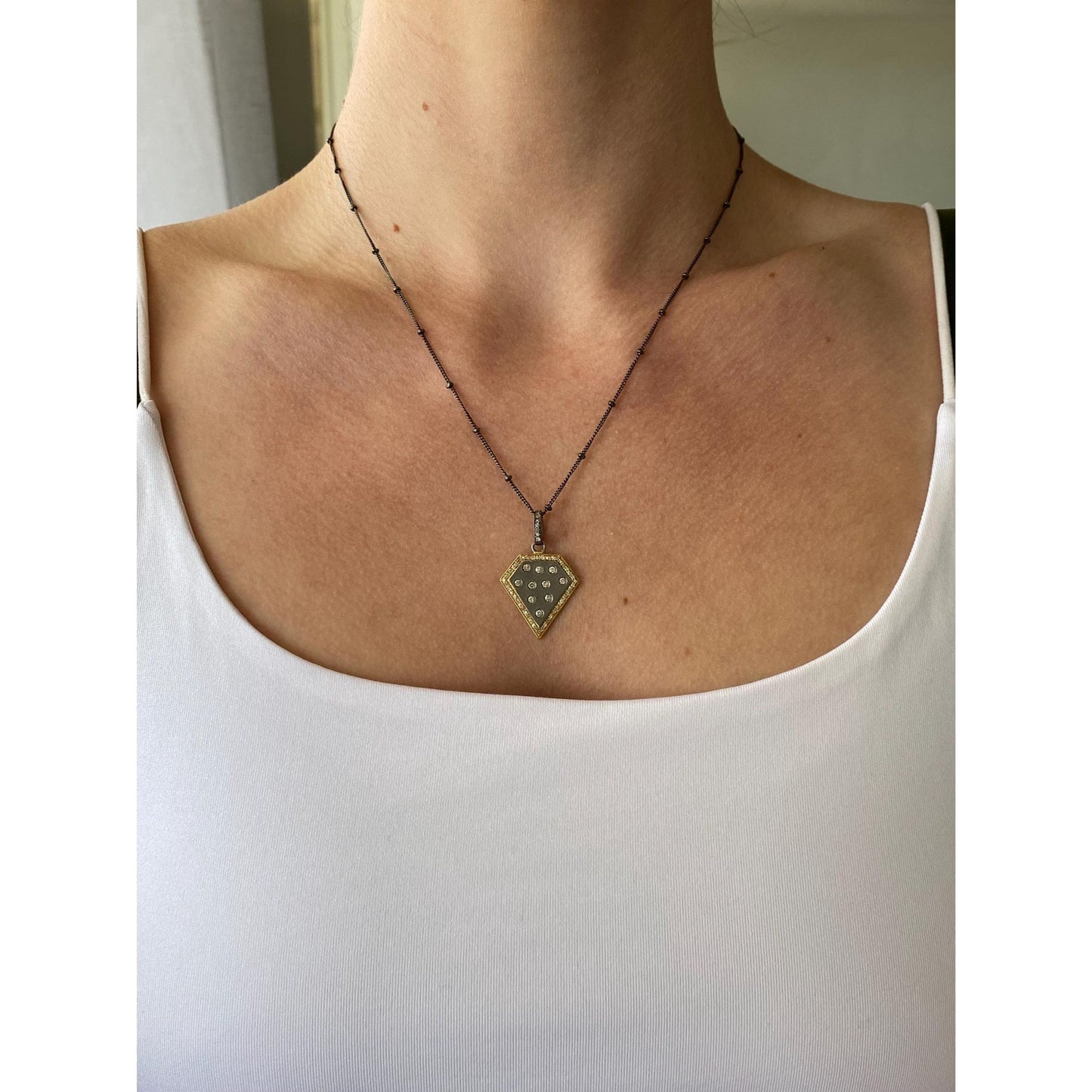 Solid 14k Yellow Gold & Sterling Silver Diamond Necklace - 18 inches