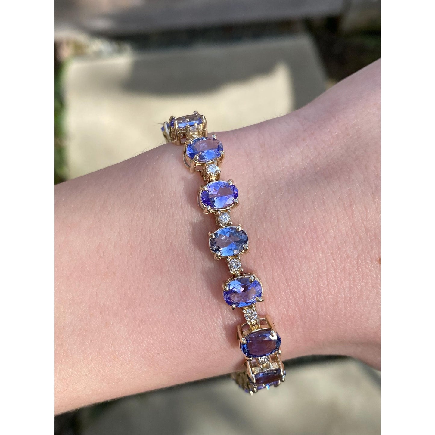 Vintage Solid 14k Yellow Gold Tanzanite Diamond Link Bracelet - 7.25 inches