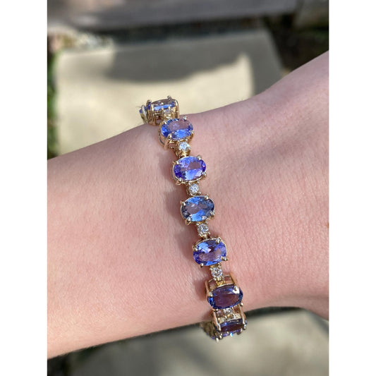 Vintage Solid 14k Yellow Gold Tanzanite Diamond Link Bracelet - 7.25 inches