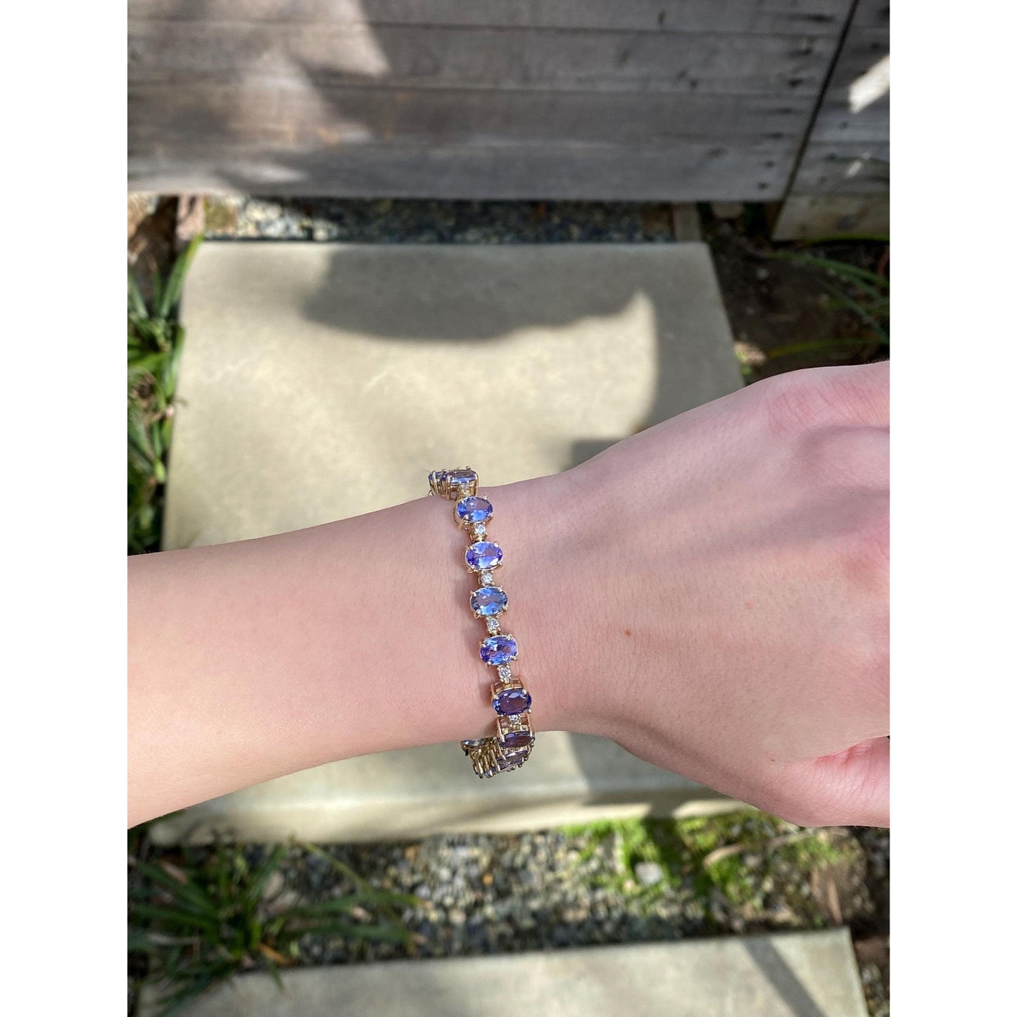 Vintage Solid 14k Yellow Gold Tanzanite Diamond Link Bracelet - 7.25 inches