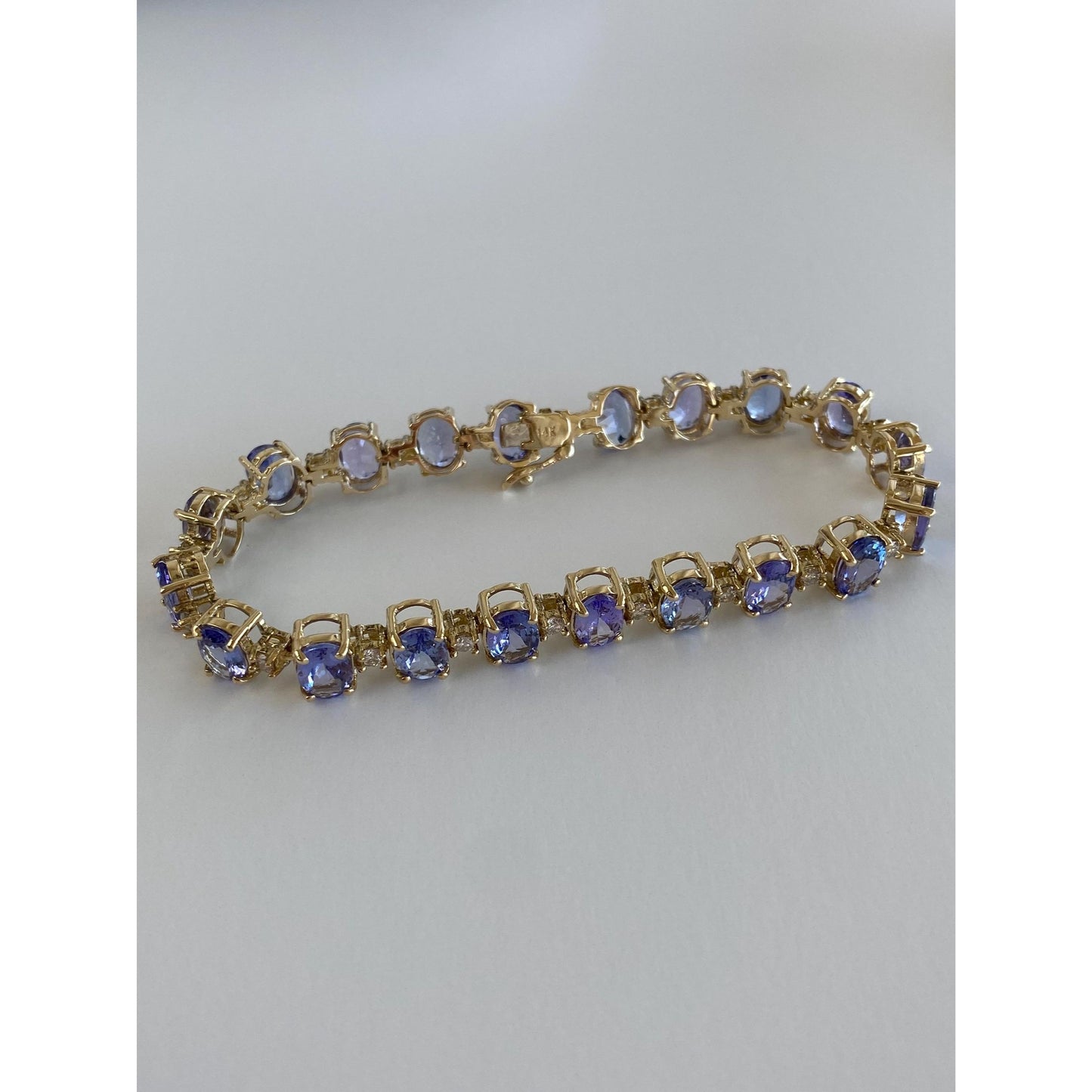 Vintage Solid 14k Yellow Gold Tanzanite Diamond Link Bracelet - 7.25 inches