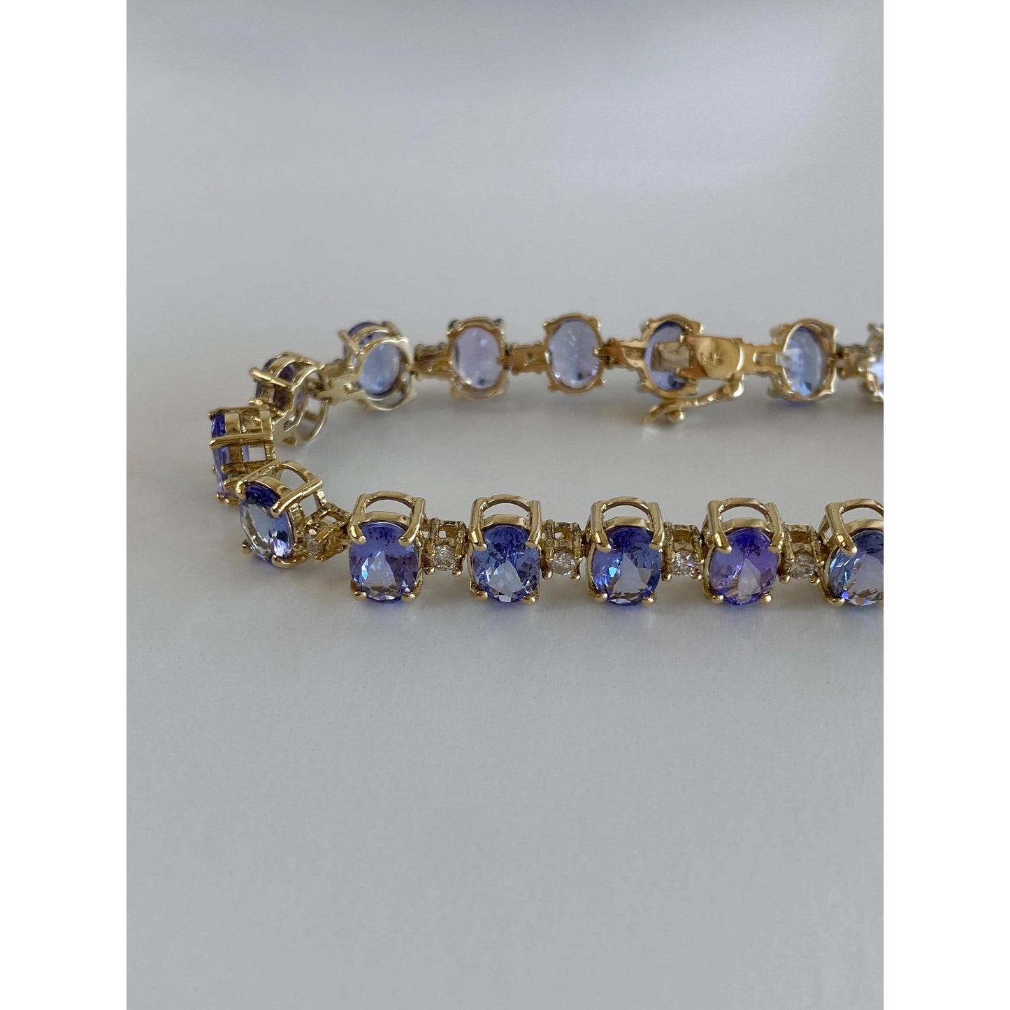 Vintage Solid 14k Yellow Gold Tanzanite Diamond Link Bracelet - 7.25 inches